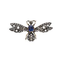 ANTIQUE, SILVER-TOPPED GOLD, DIAMOND, AND SYNTHETIC SAPPHIRE BEE BROOCH