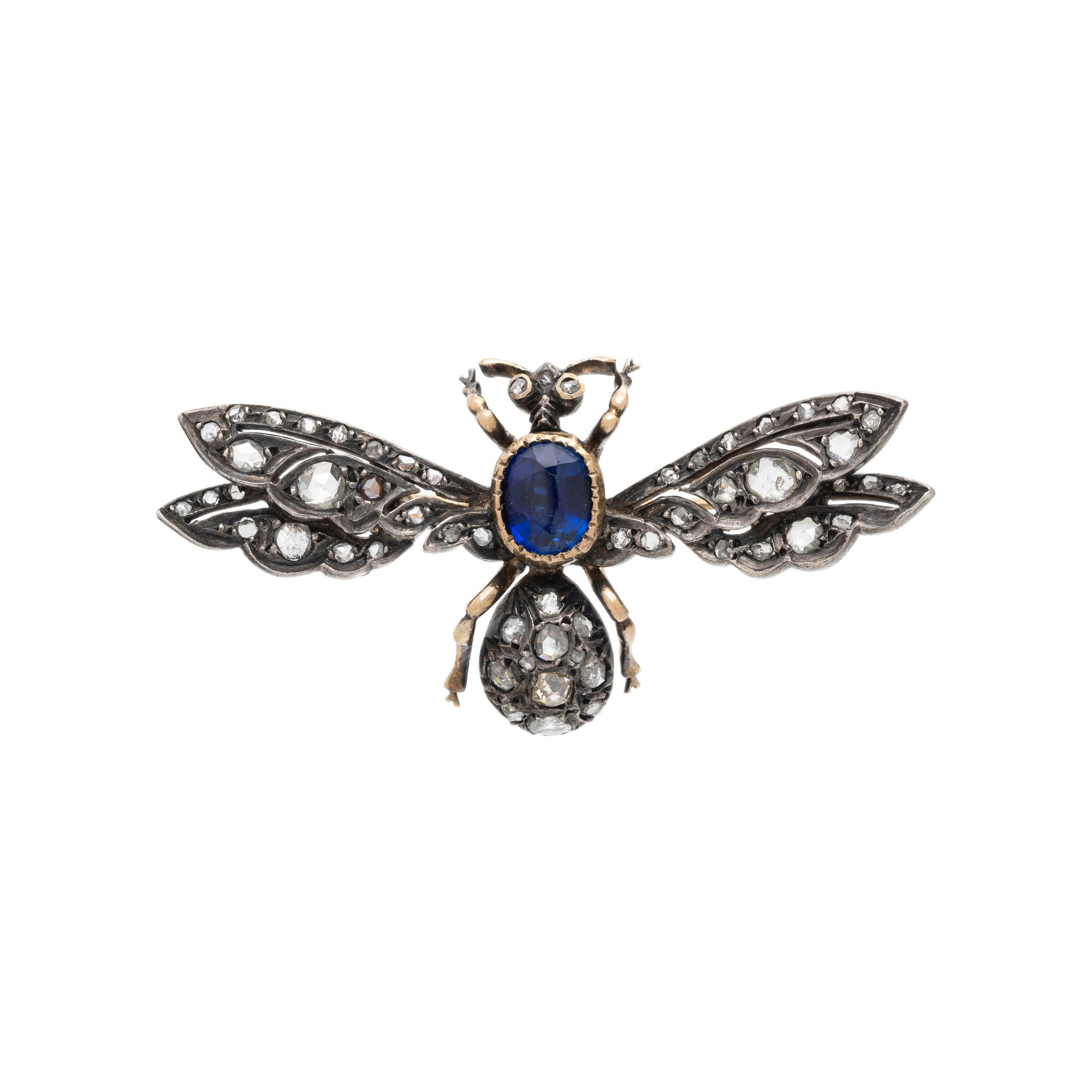 ANTIQUE, SILVER-TOPPED GOLD, DIAMOND, AND SYNTHETIC SAPPHIRE BEE BROOCH