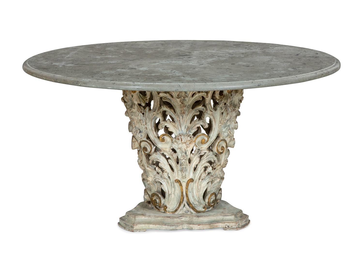 An Italian Baroque Style Grey-Painted and Parcel-Gilt Limestone-Top Center Table
