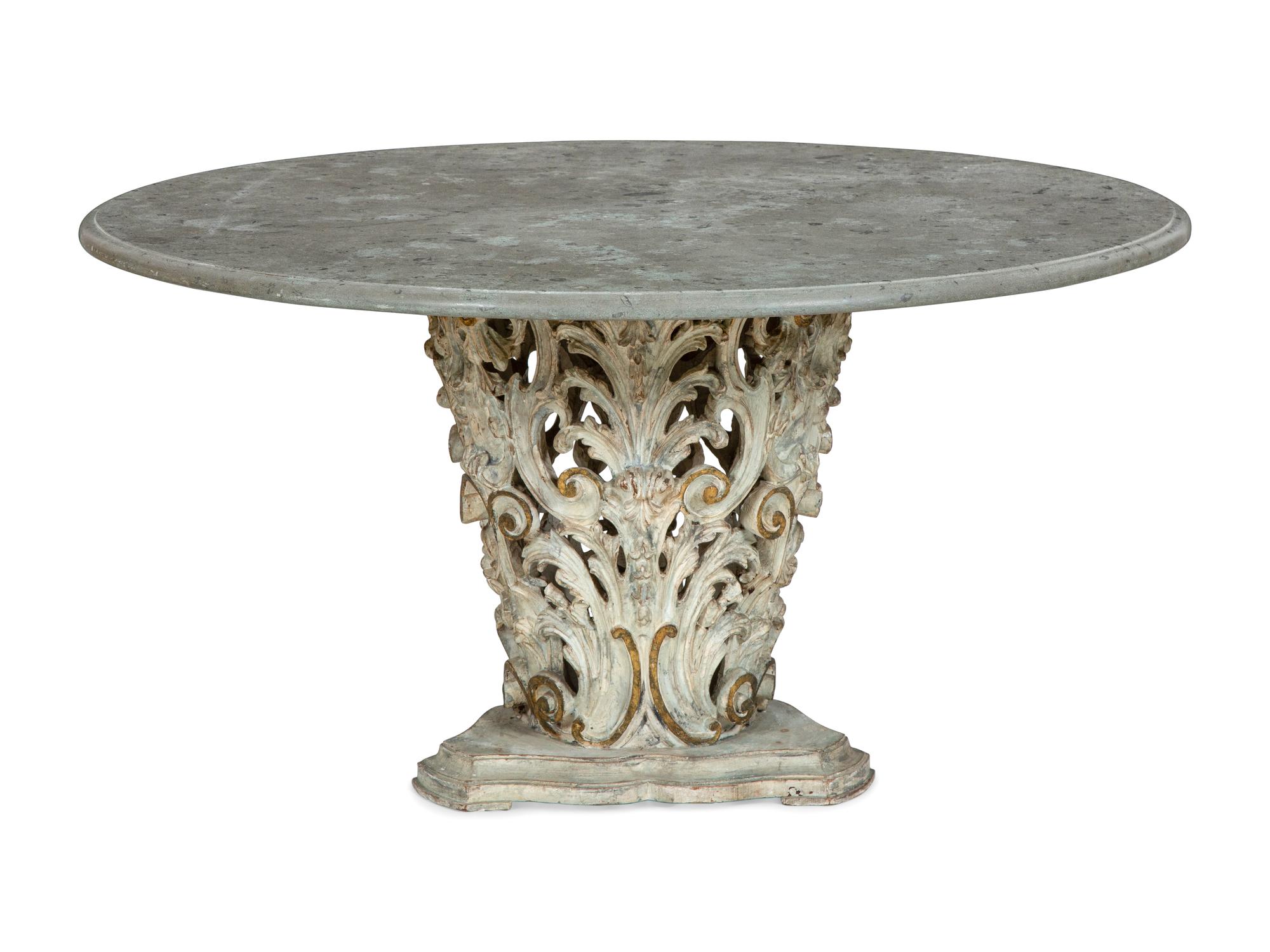 An Italian Baroque Style Grey-Painted and Parcel-Gilt Limestone-Top Center Table