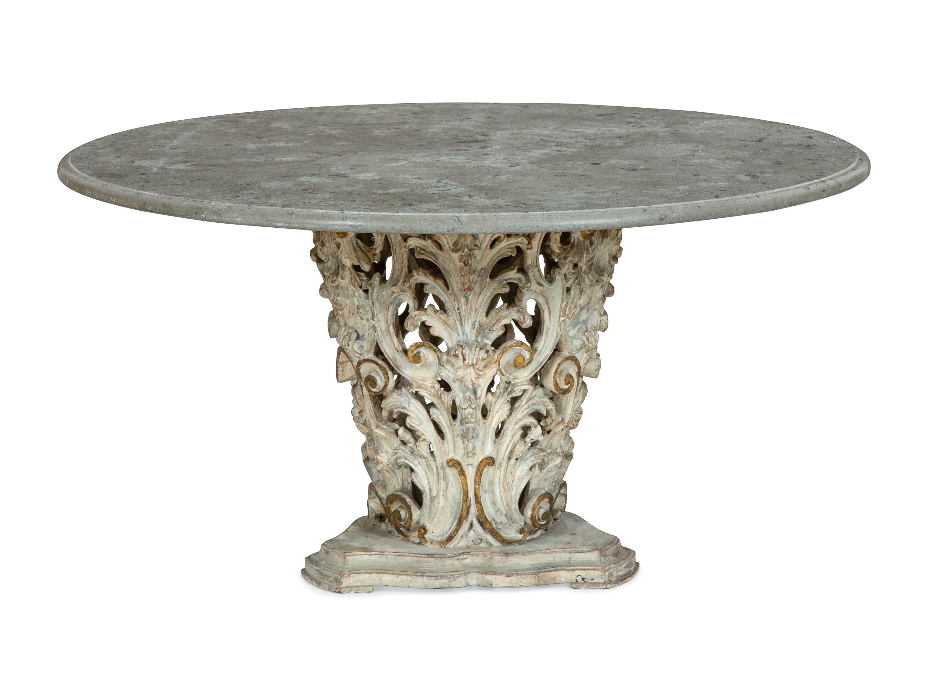 An Italian Baroque Style Grey-Painted and Parcel-Gilt Limestone-Top Center Table