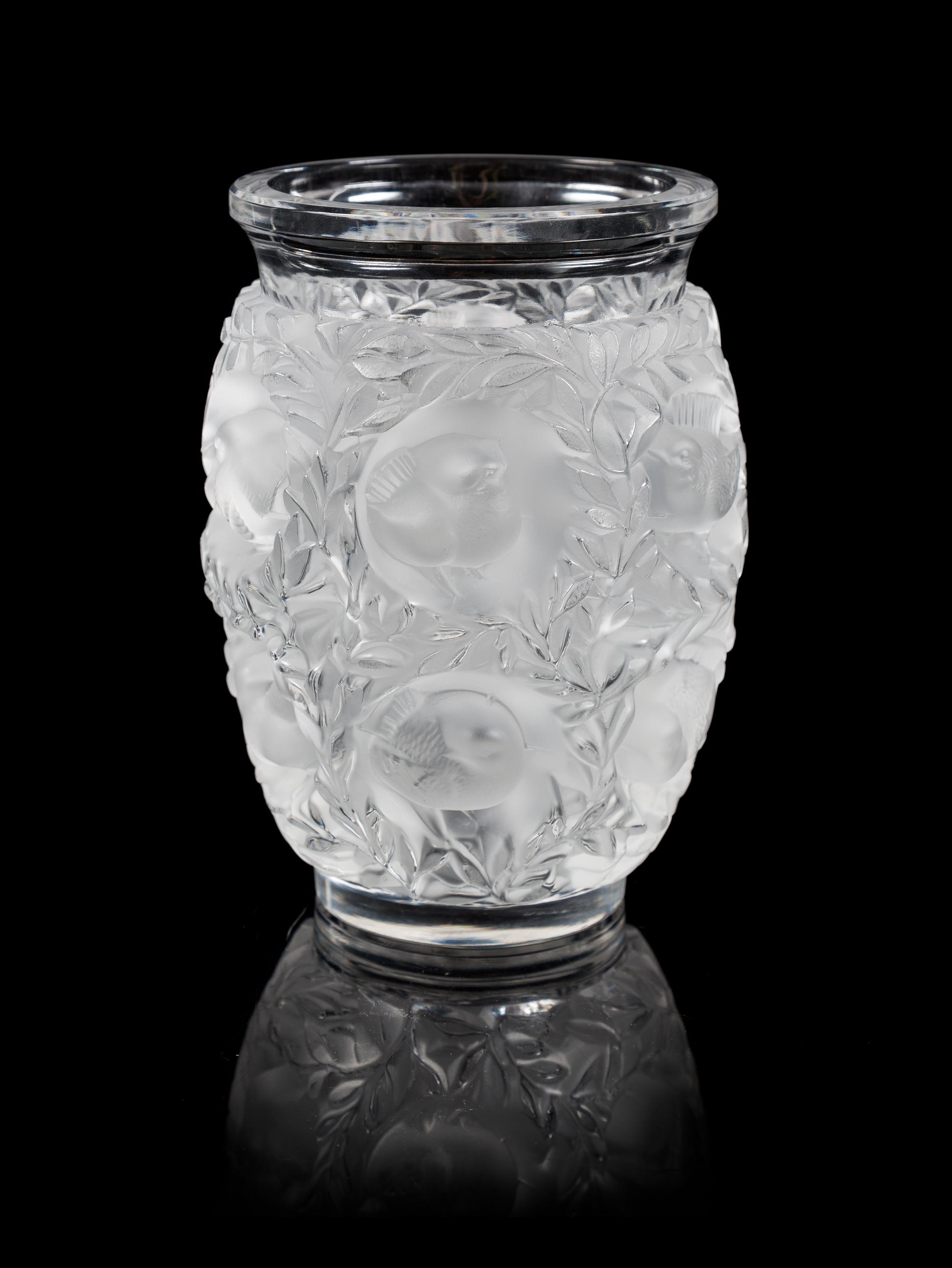 Lalique, a Bagatelle pattern molded and frosted glass vase