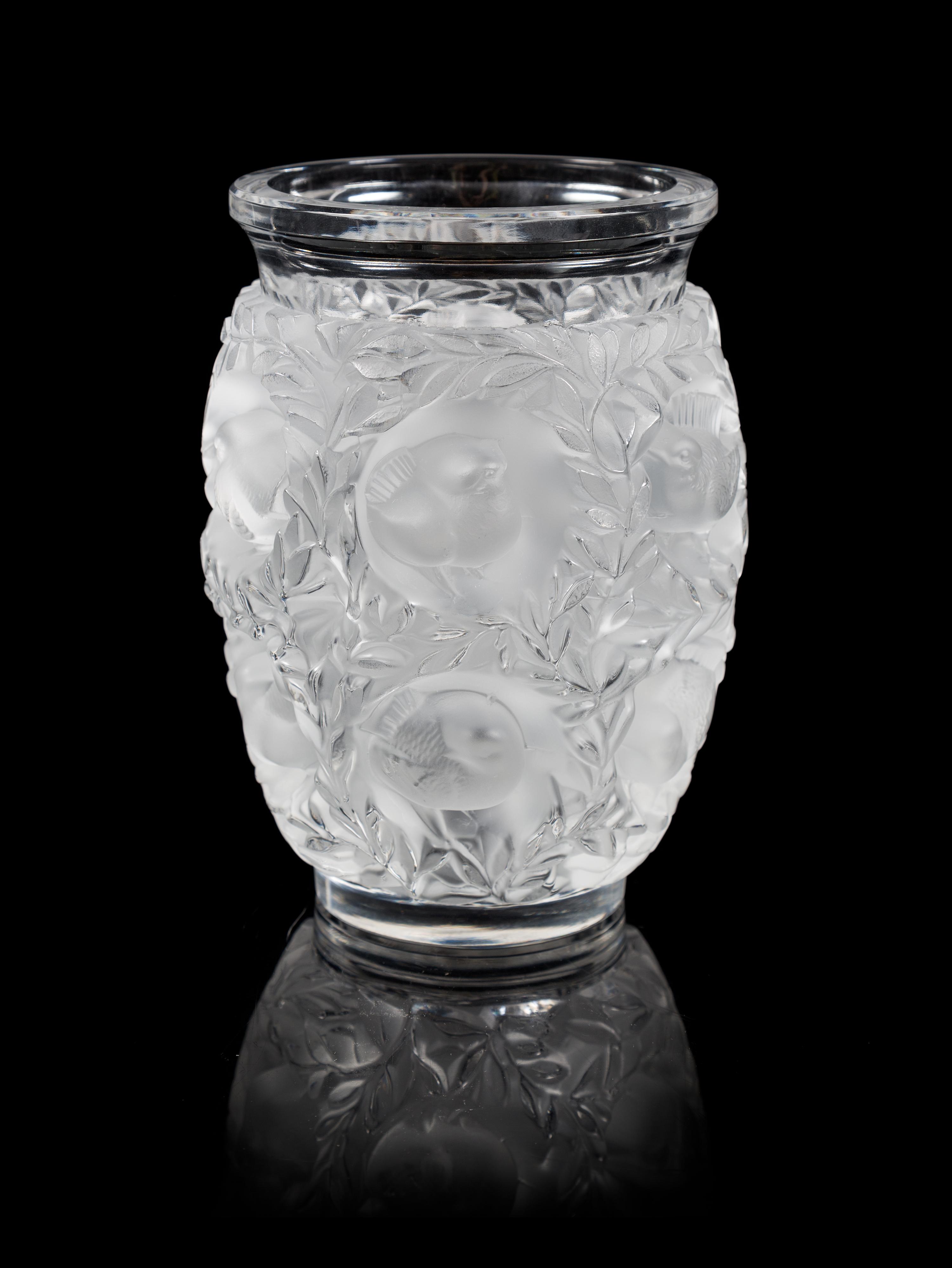 Lalique, a Bagatelle pattern molded and frosted glass vase