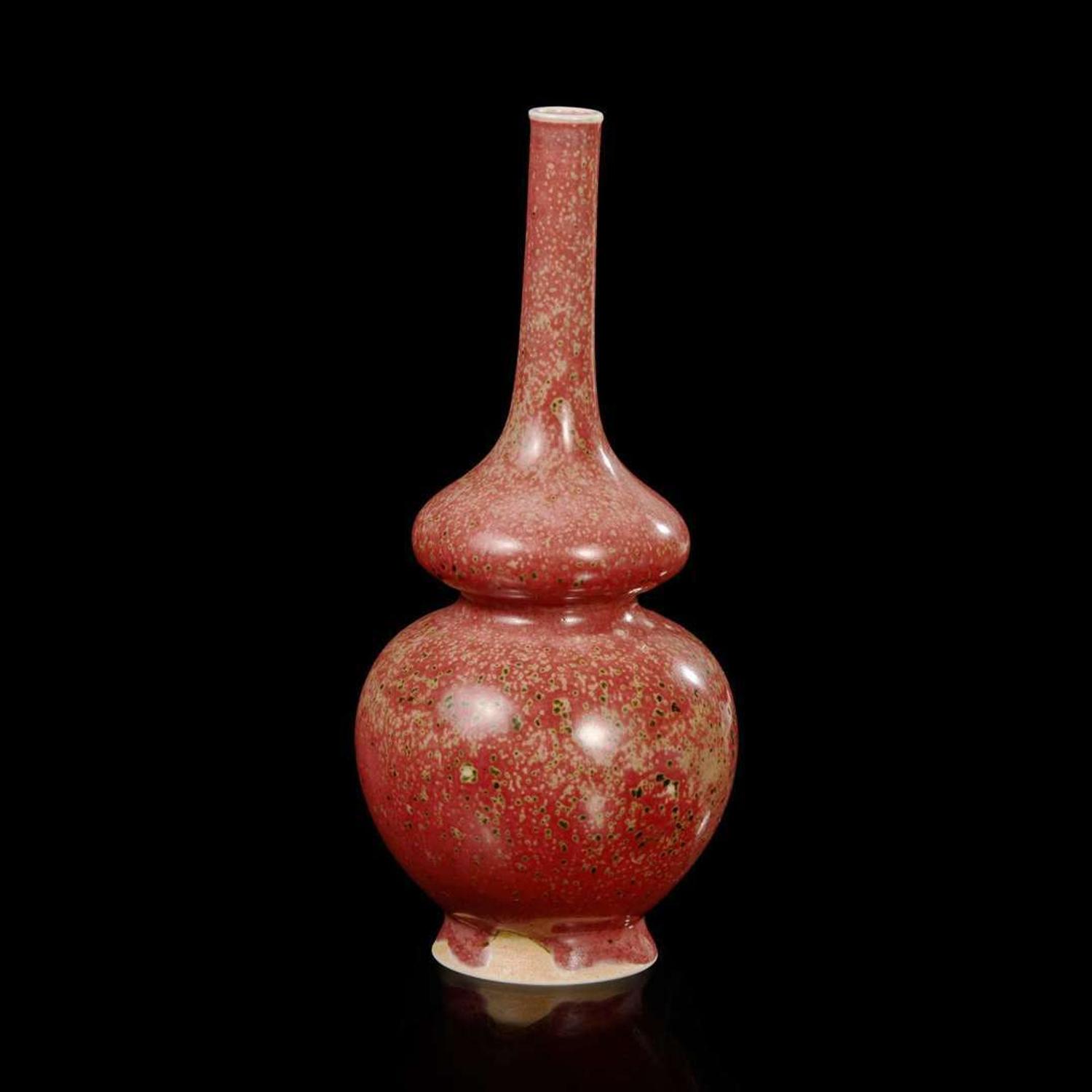 A Chinese "peach-bloom" double gourd vase 豇豆紅葫蘆瓶 Kangxi mark ???