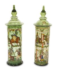 A Near Pair of Bohemian/German Enameled Green Glass Vases and Covers, Humpen