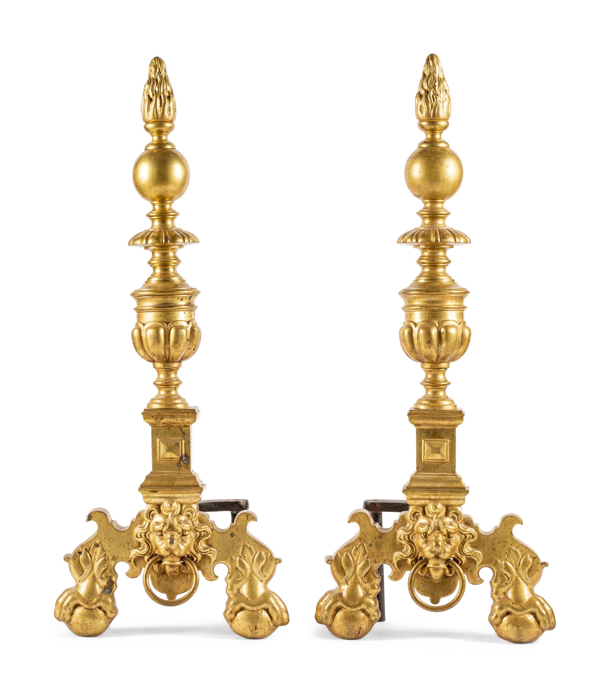A Pair of Continental Baroque Style Brass Andirons