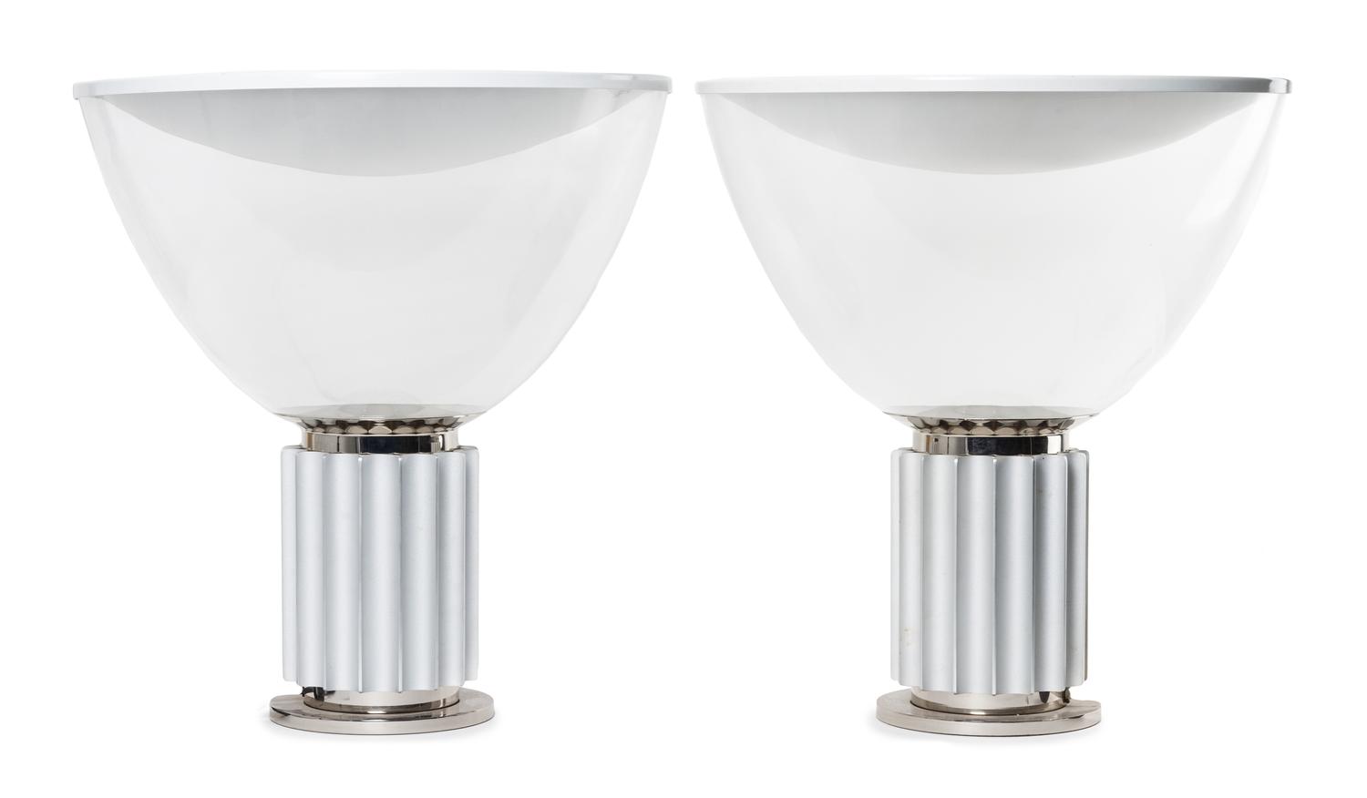 A Pair of Achille and Pier Giacomo Castiglioni for Flos Lighting Tacchia Table Lamp Height 20 5/8 x diameter 19 1/2 inches.