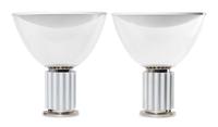 A Pair of Achille and Pier Giacomo Castiglioni for Flos Lighting Tacchia Table Lamp Height 20 5/8 x diameter 19 1/2 inches.