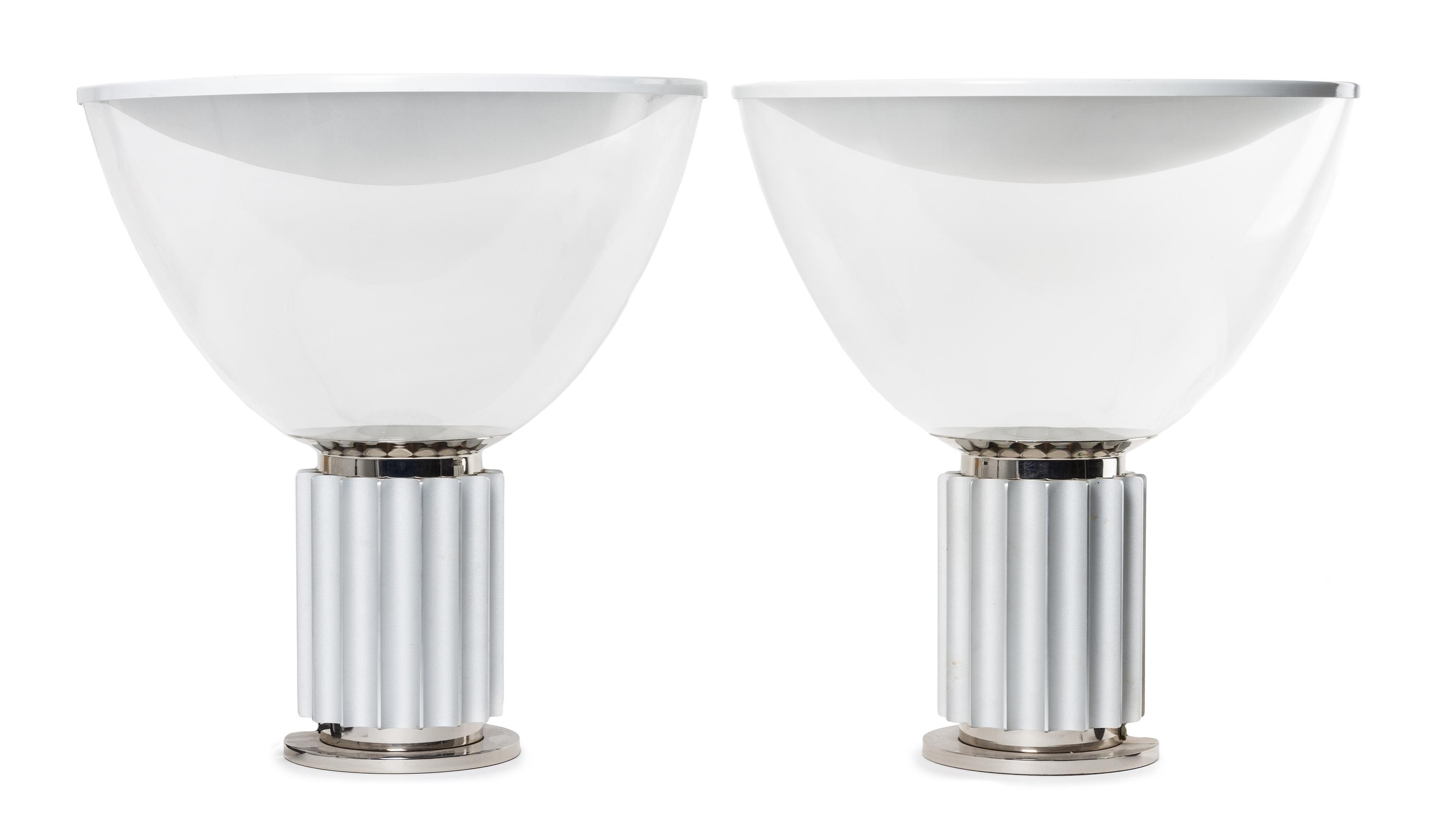 A Pair of Achille and Pier Giacomo Castiglioni for Flos Lighting Tacchia Table Lamp Height 20 5/8 x diameter 19 1/2 inches.