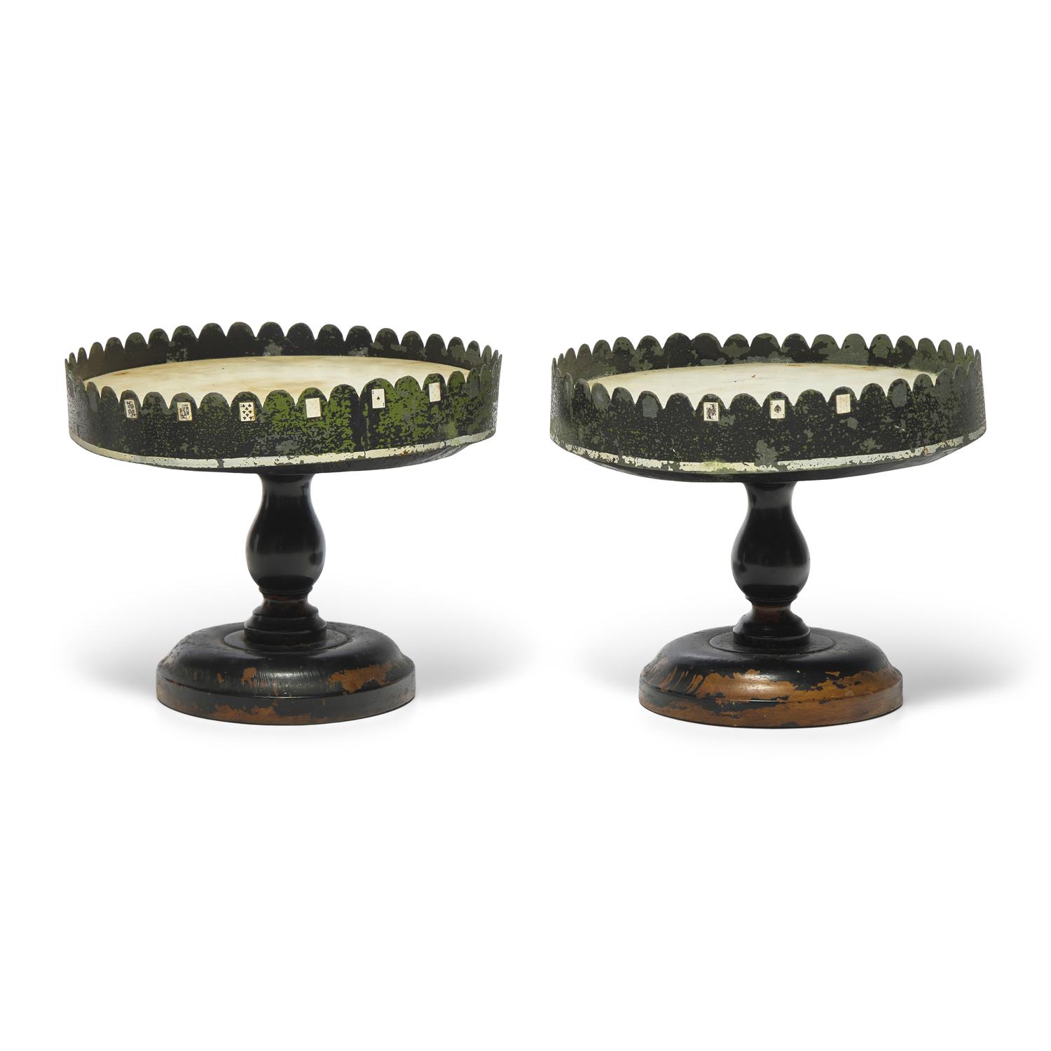 A Pair of Turned and Painted Wood, Tin, and Marble Tazzas