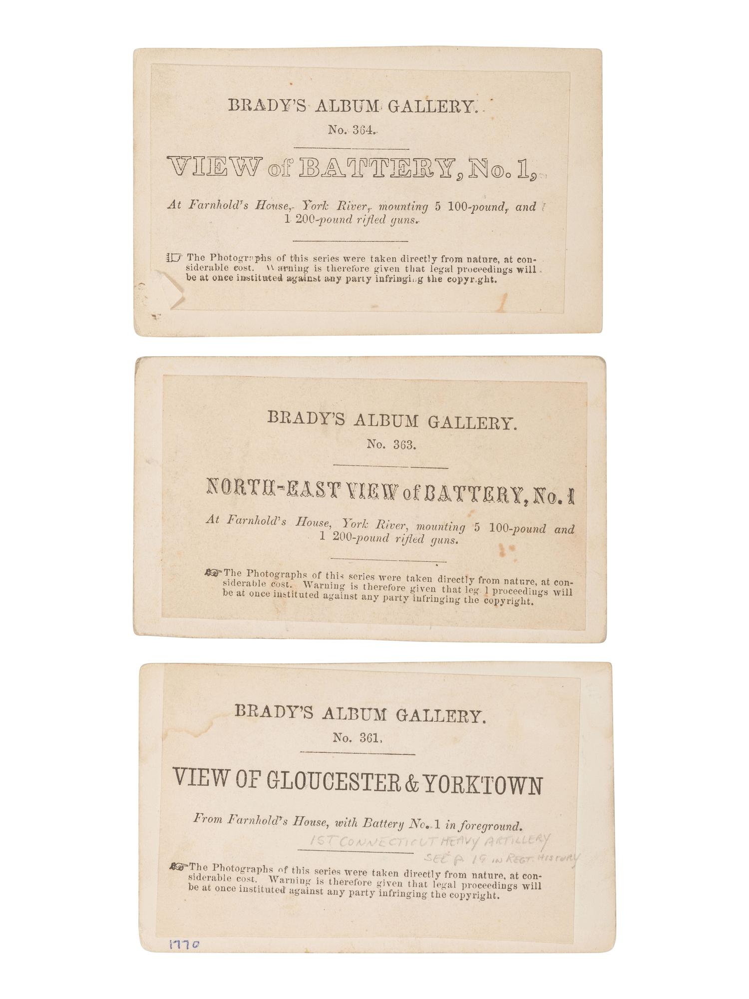 [CIVIL WAR]. 11 CDVs of artillery and fortifications from Brady's Album Gallery . 1862.