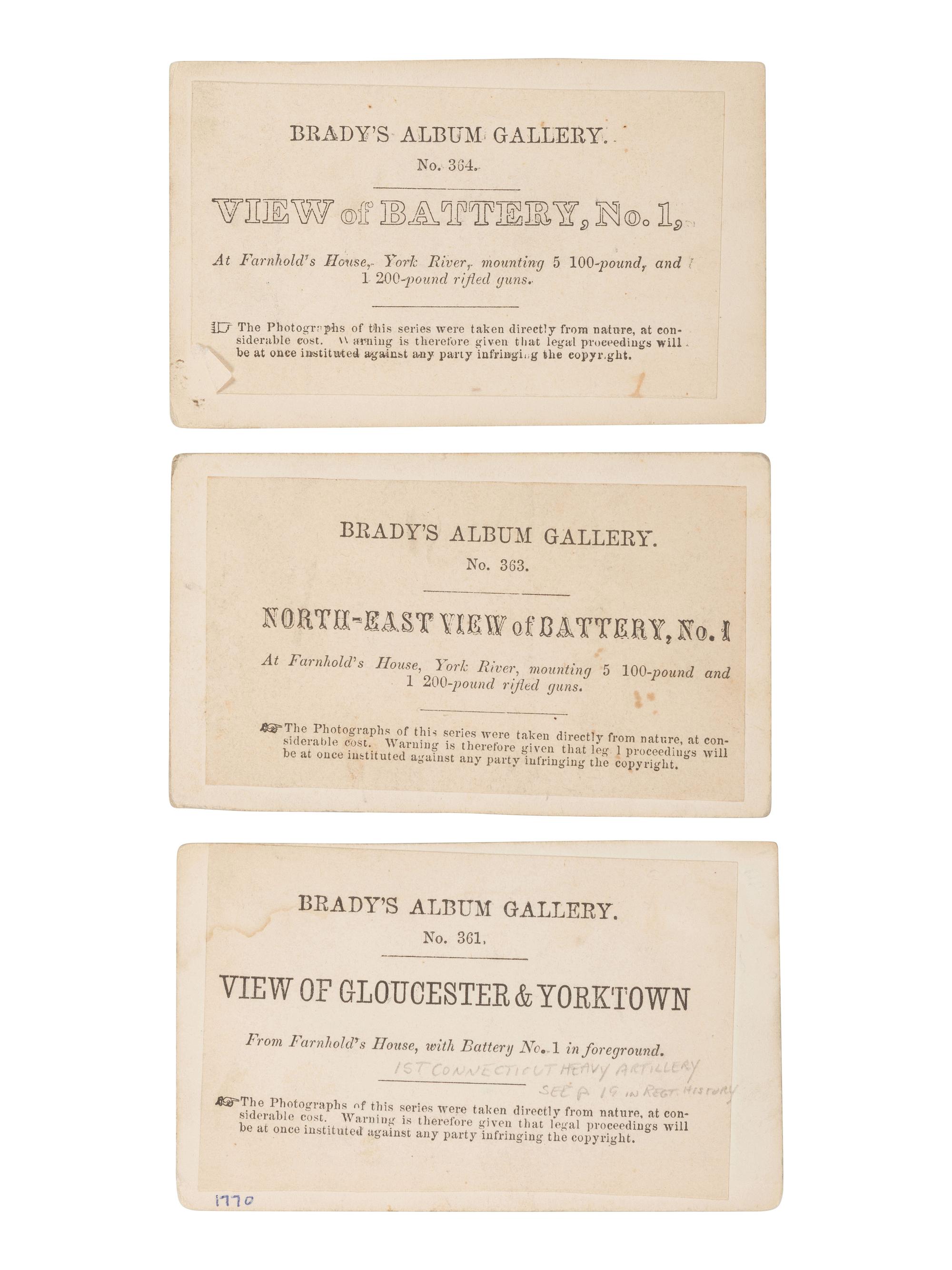 [CIVIL WAR]. 11 CDVs of artillery and fortifications from Brady's Album Gallery . 1862.