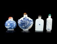 Four Blue and White Porcelain 'Landscape' Snuff Bottles