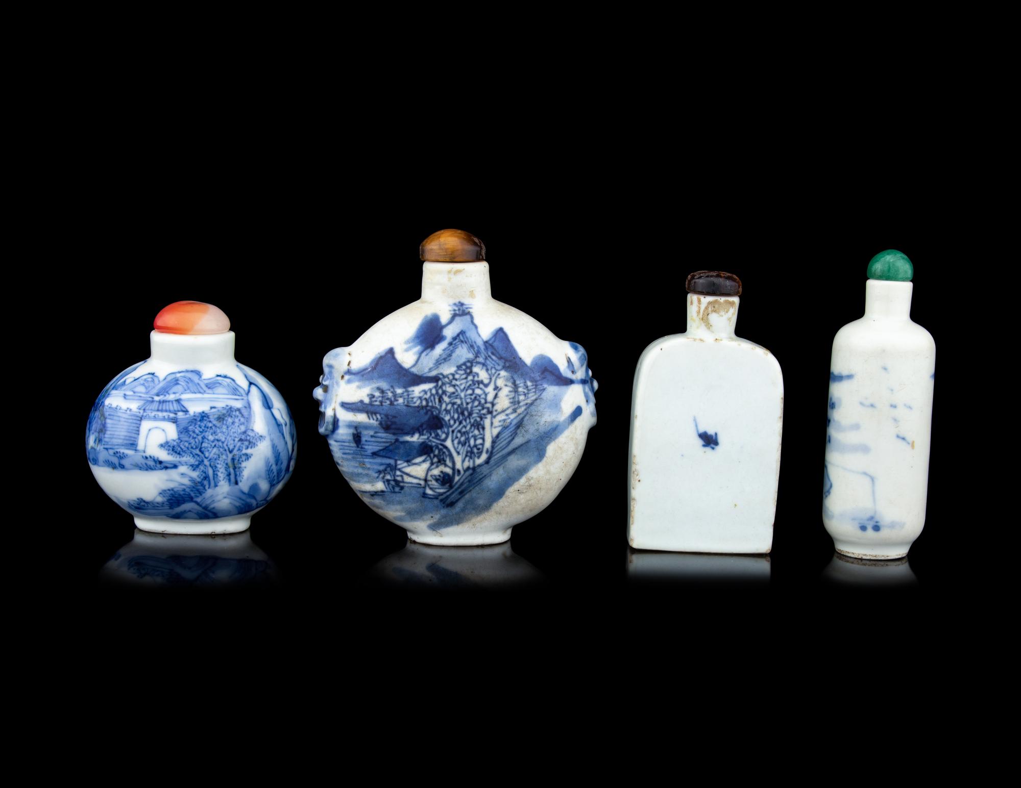 Four Blue and White Porcelain 'Landscape' Snuff Bottles