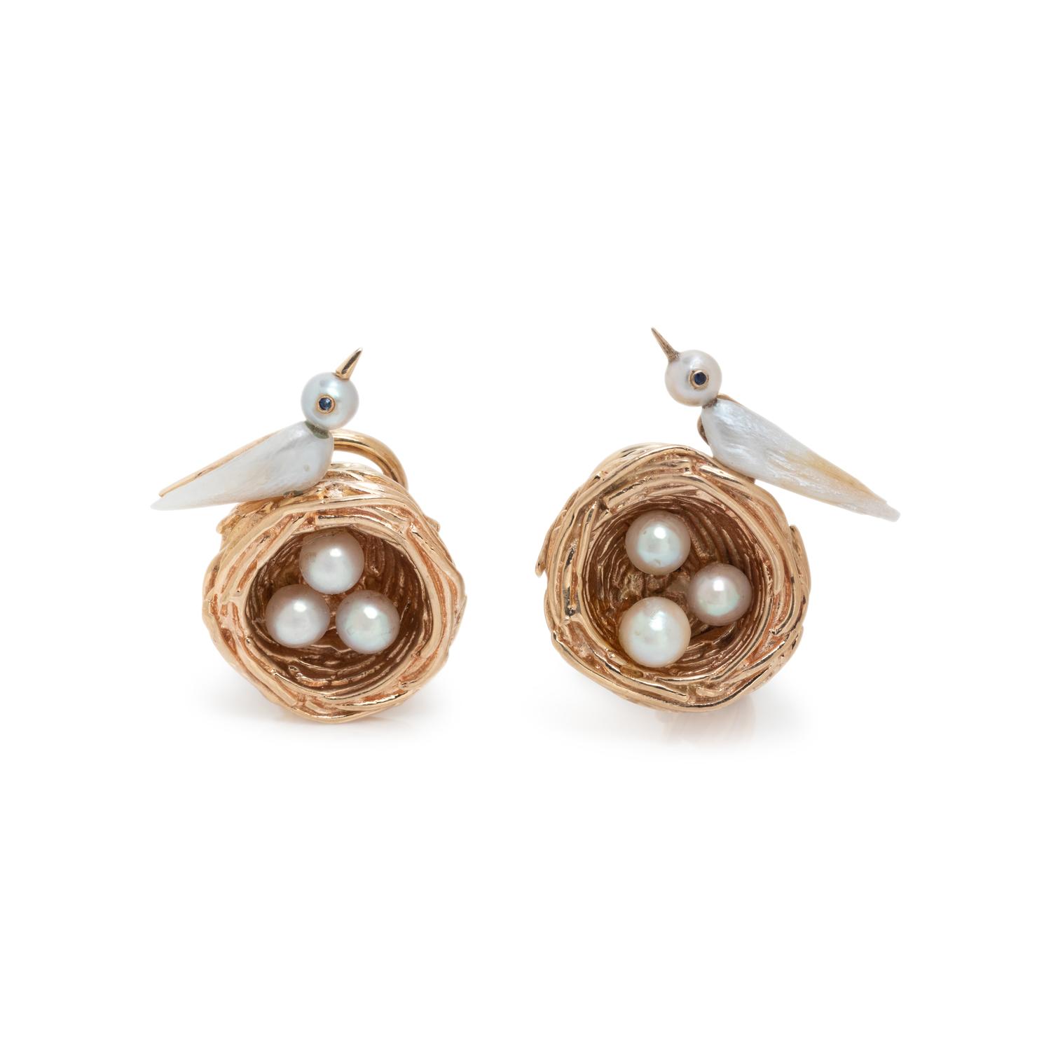 RUSER, YELLOW GOLD AND CULTURED PEARL BIRD IN NEST EARCLIPS