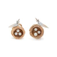 RUSER, YELLOW GOLD AND CULTURED PEARL BIRD IN NEST EARCLIPS