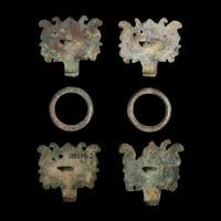 Two Pairs of Chinese Gilt Bronze 'Taotie Mask' Fittings, Han-Six Dynasties — 漢-六朝 銅鎏金饕餮紋輔首兩對