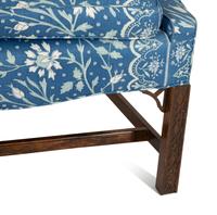 A George III Style Mahogany Settee Upholstered in Blue and White Linen