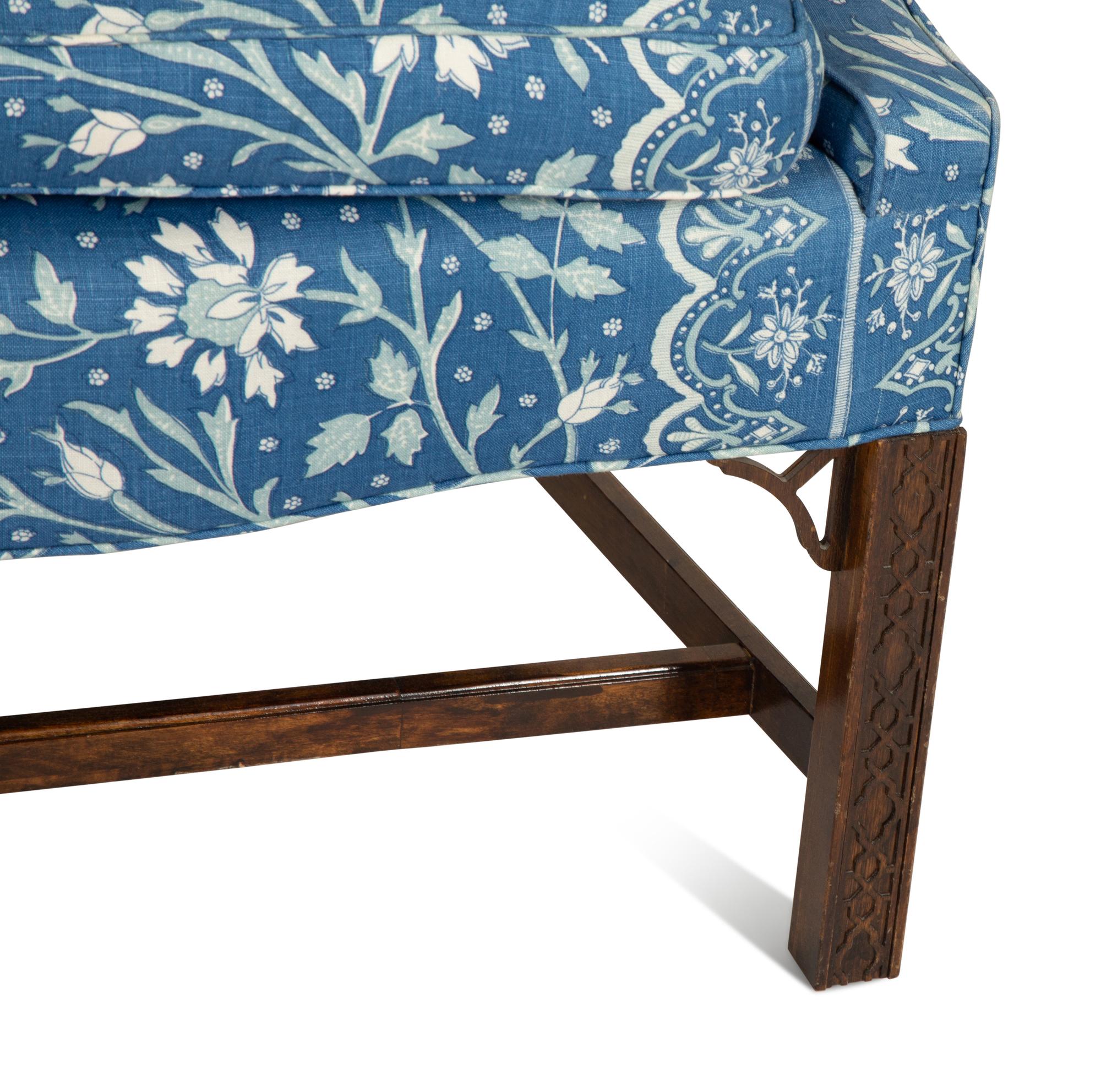 A George III Style Mahogany Settee Upholstered in Blue and White Linen