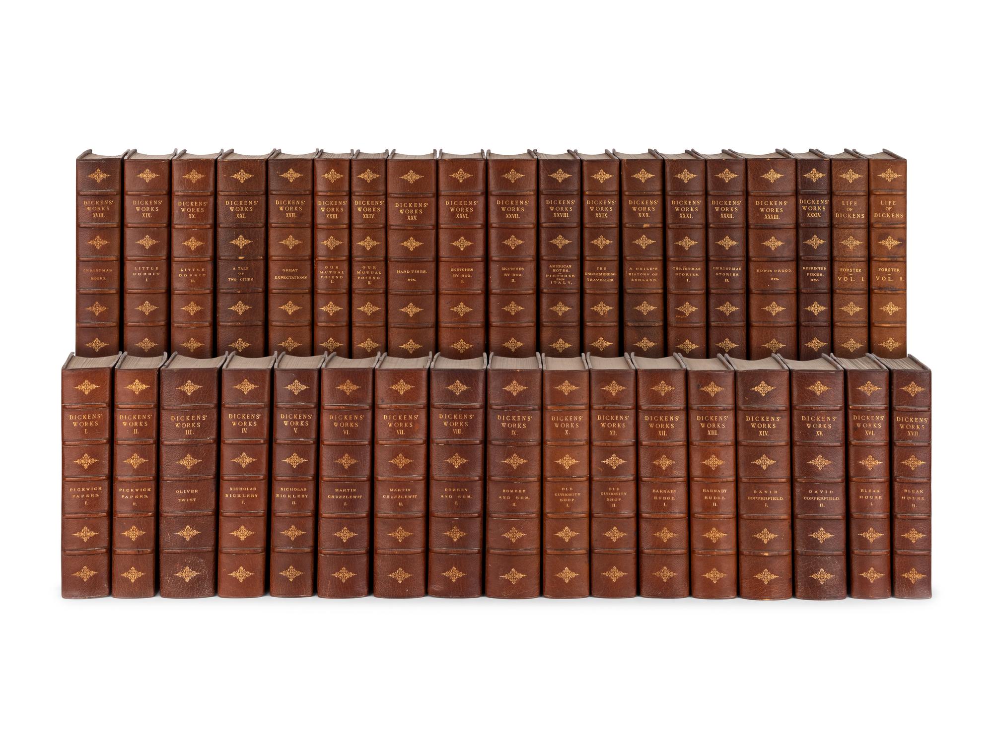 DICKENS, Charles (1812-1870). The Works of Charles Dickens. Andrew Lang, editor. 34 volumes. [ Uniformly bound with :] FORSTER, John (1812-1876). The Life of Charles Dickens. 2 volumes. London & New York: Chapman & Hall, Ld. & Charles Scribner's Sons, [1897-1899], 1904.