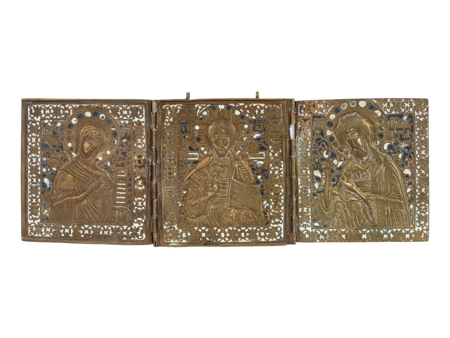 Six Russian Enamel Decorated Cast Bronze Icon Articles
