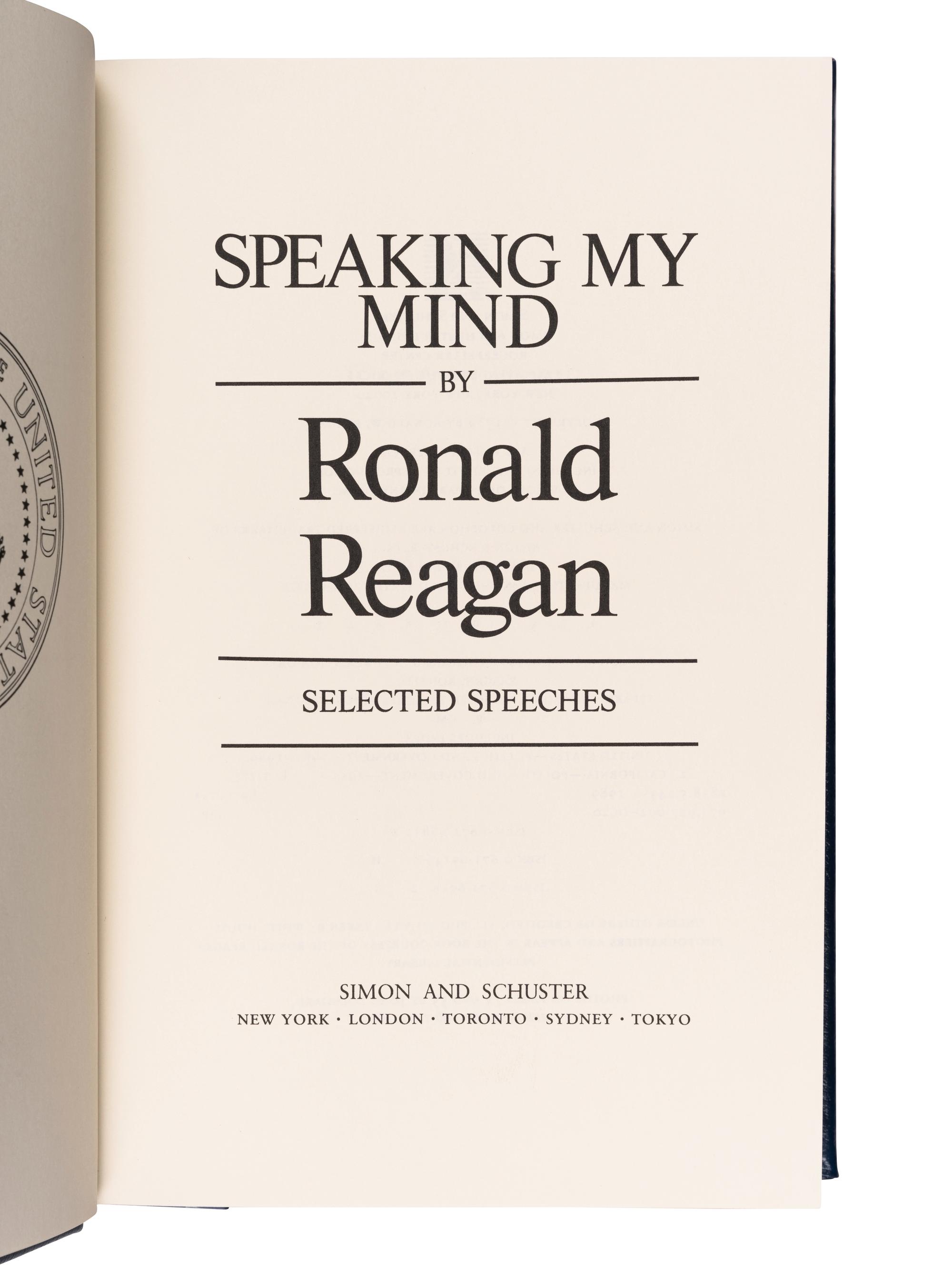 REAGAN, Ronald (1911-2004). Speaking My Mind. New York: Simon & Schuster, 1989.