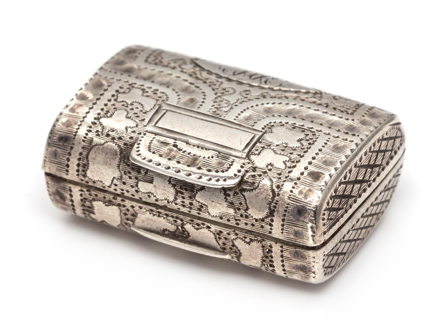 A George III Silver Vinaigrette, Likely Samuel Pemberton, Birmingham, 1790, the case in the form of a satchel.