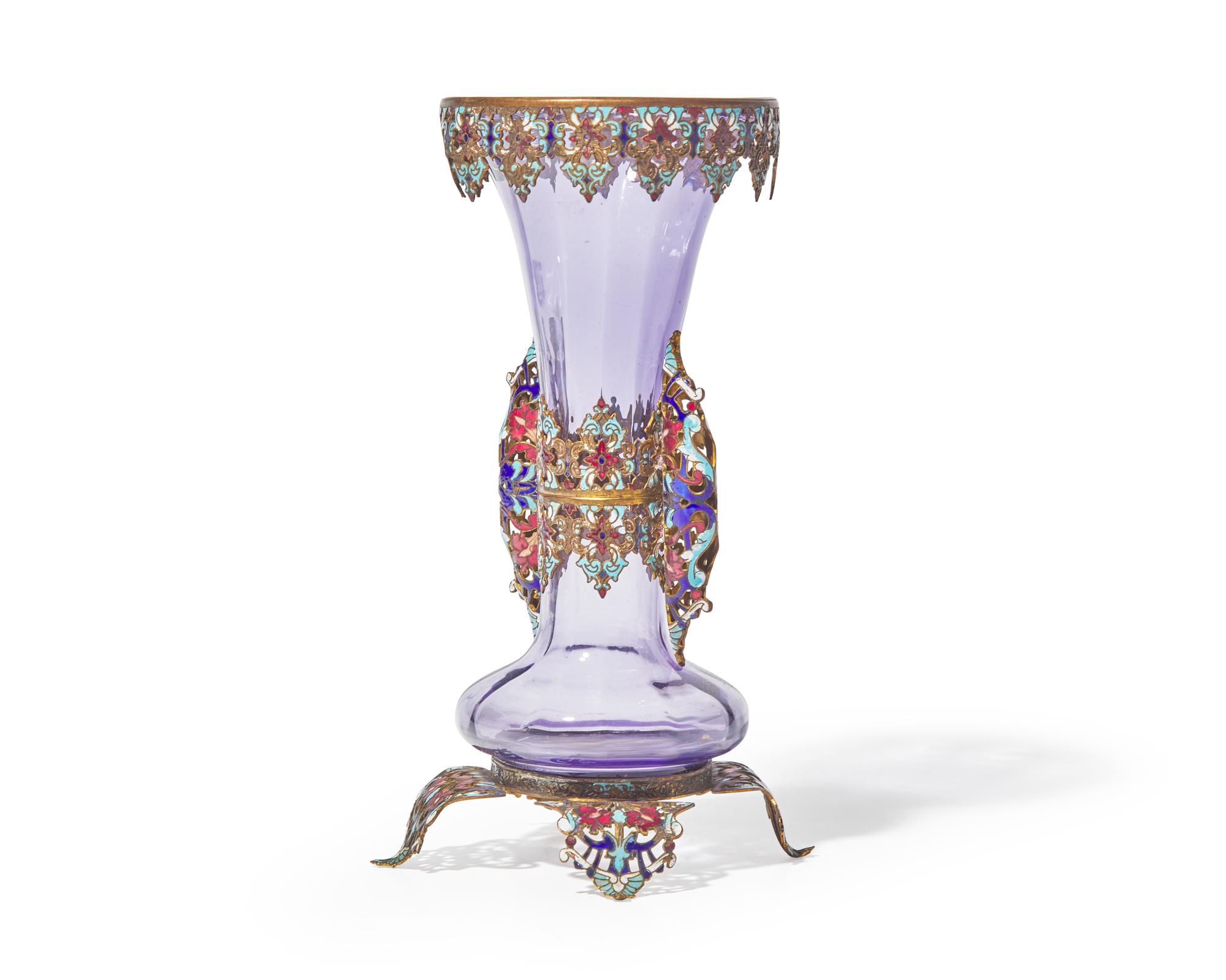 A French enameled and gilded metal-mounted amethyst glass vase, late 19th century