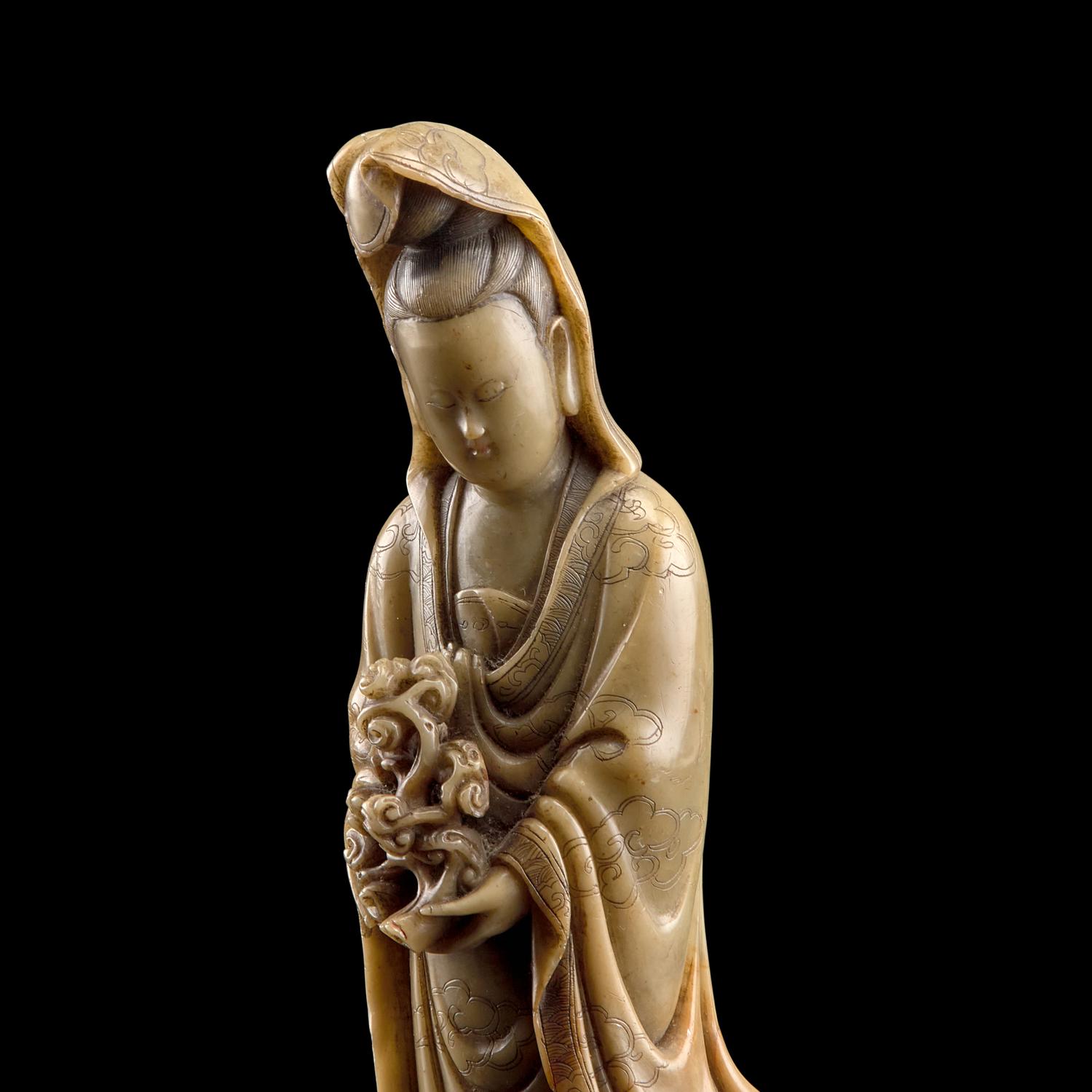 A Chinese Carved Soapstone Meiren , Qing Dynasty 清 壽山石雕美人像