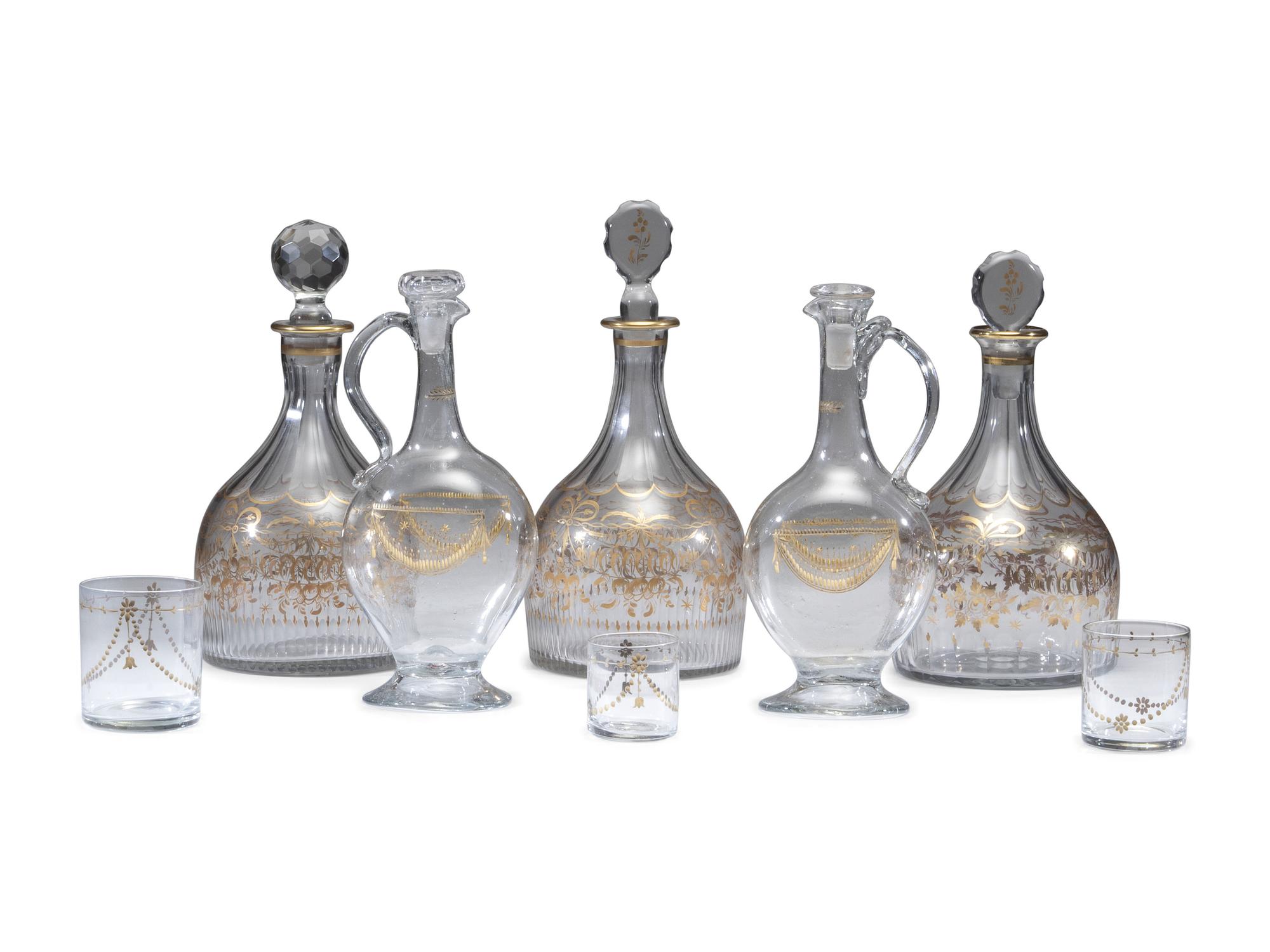 A Continental Gilt-Decorated Blown Glass Beverage Set