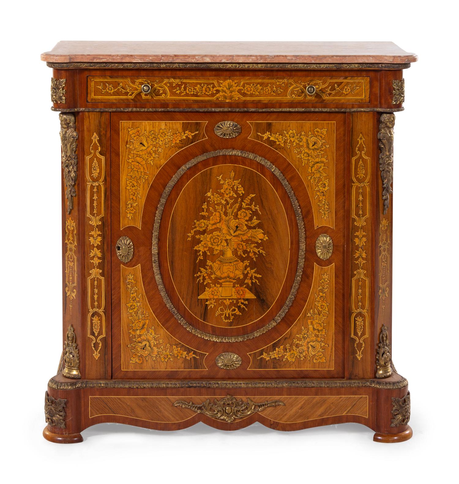 A Napoleon III Style Gilt Bronze Mounted Marble-Top Marquetry Cabinet