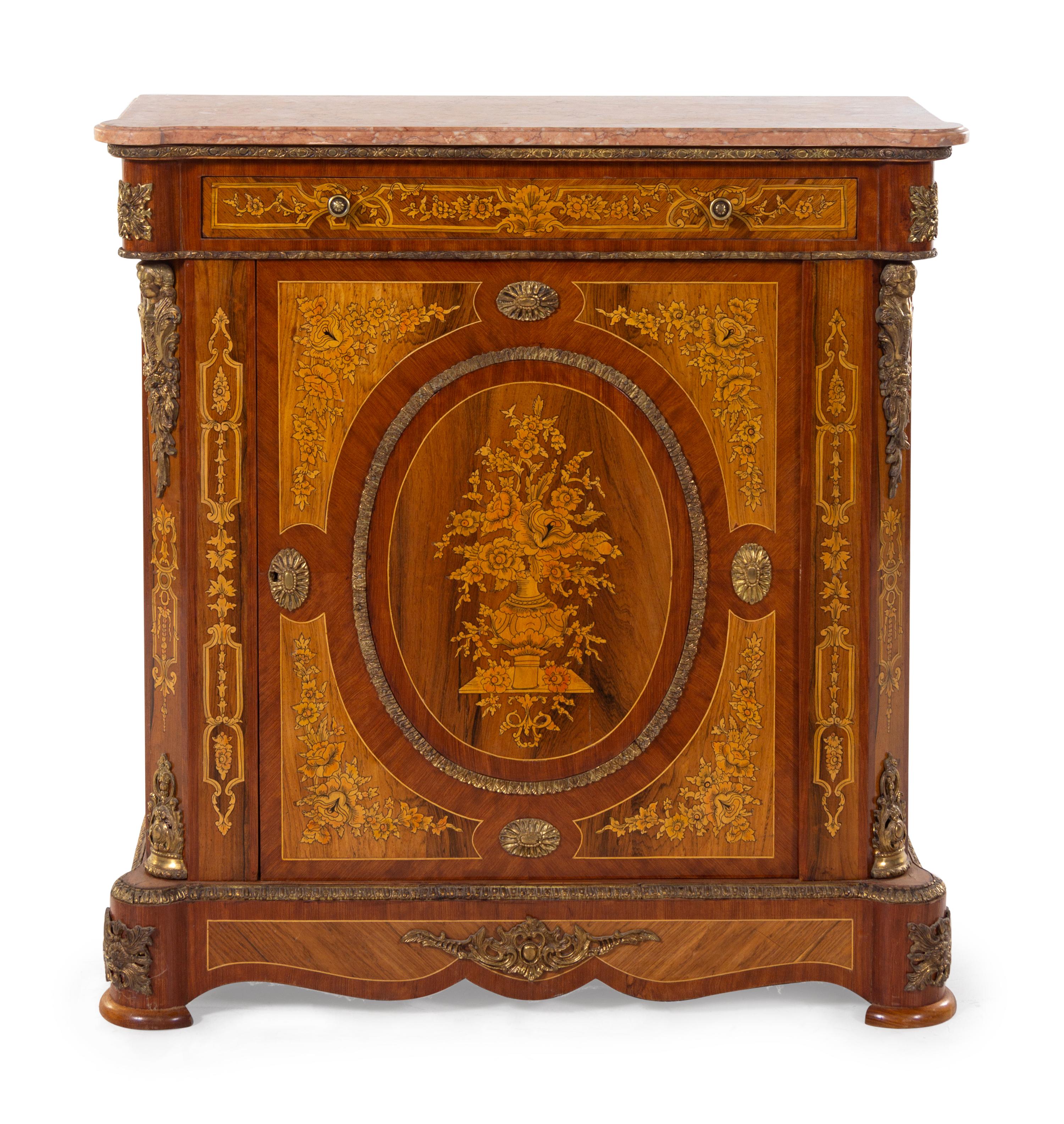 A Napoleon III Style Gilt Bronze Mounted Marble-Top Marquetry Cabinet