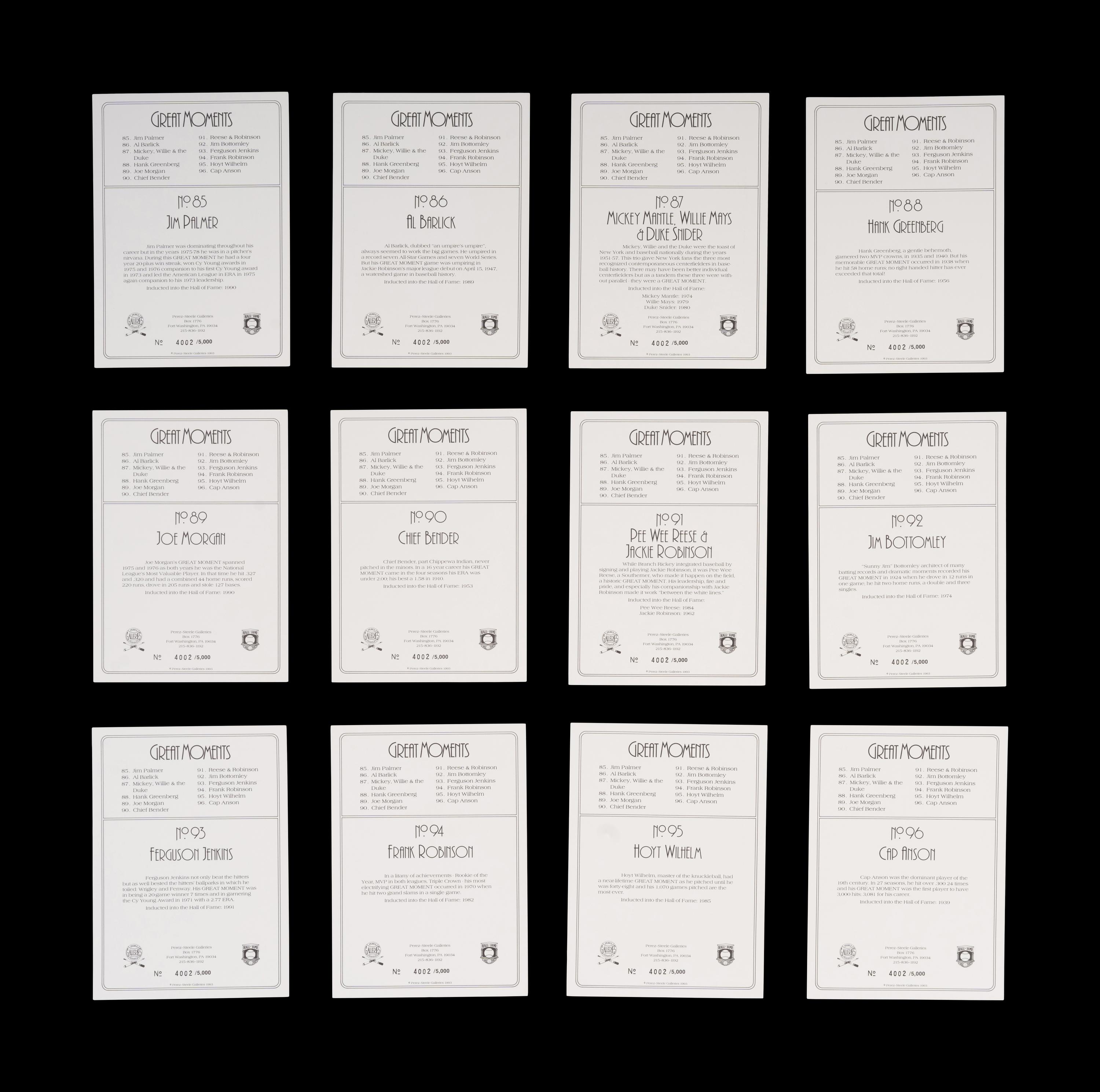 A Complete Run of 1984-97 Series One Through Nine Perez-Steele Baseball Hall of Fame Great Moments Cards