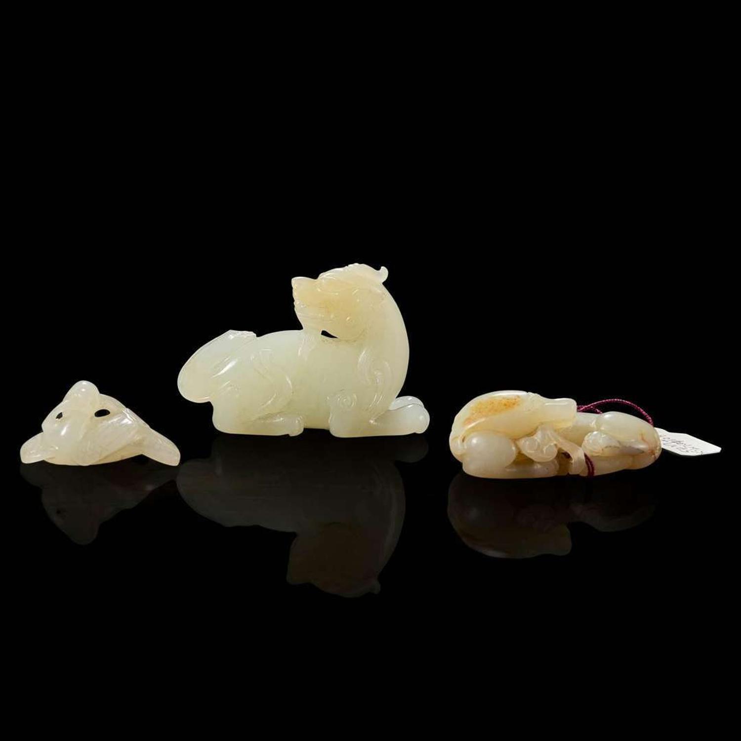 A group of three Chinese carved jade mythical beasts 玉雕瑞兽一组三件 Qing dynasty ?