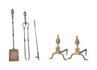 A Pair of Federal Brass Andirons Together with Three Fireplace Implements, Philadelphia, PA, Circa 1800