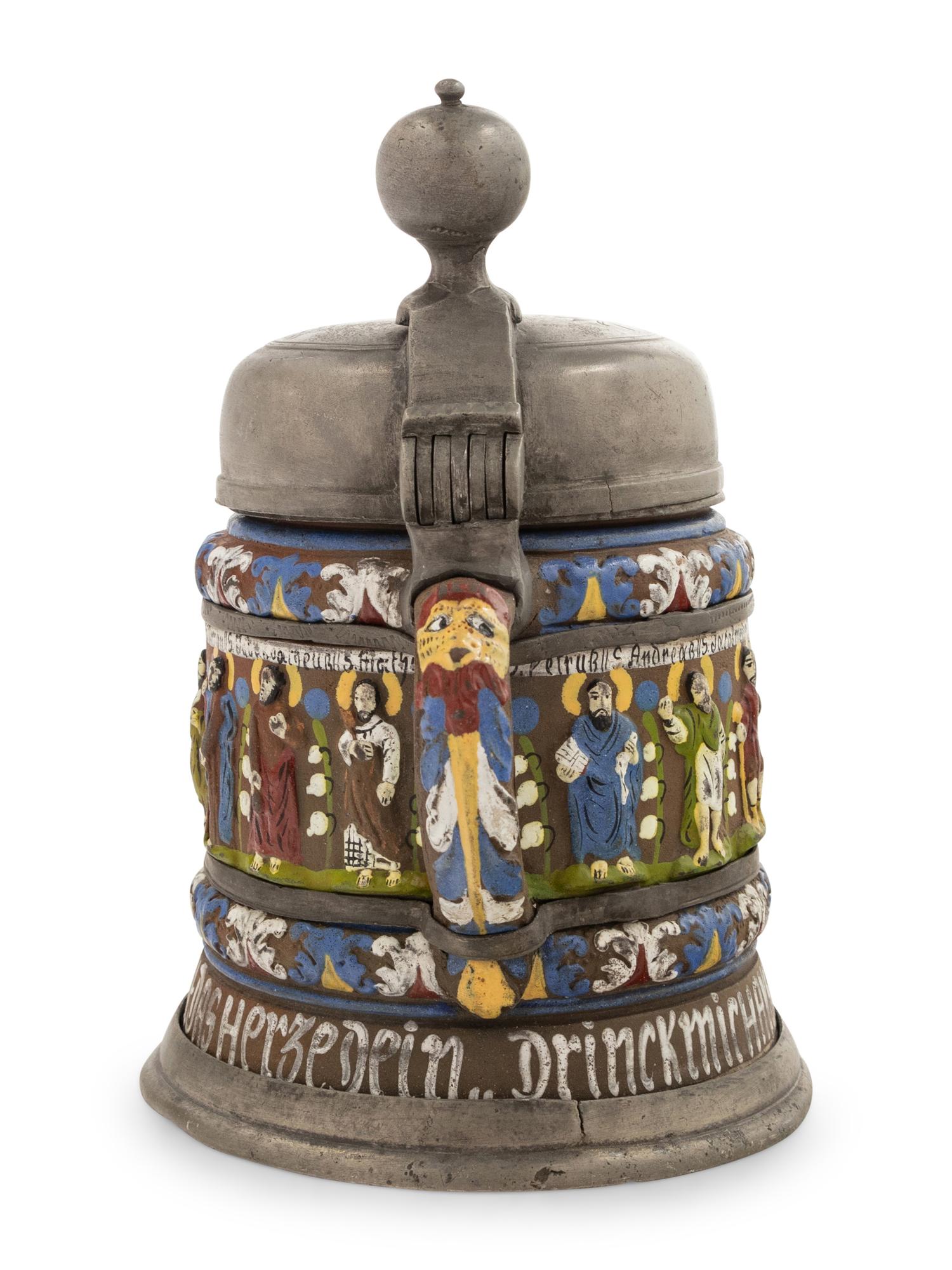 A German Kreussen "Apostle" Hand-Painted Pewter and Stoneware Stein