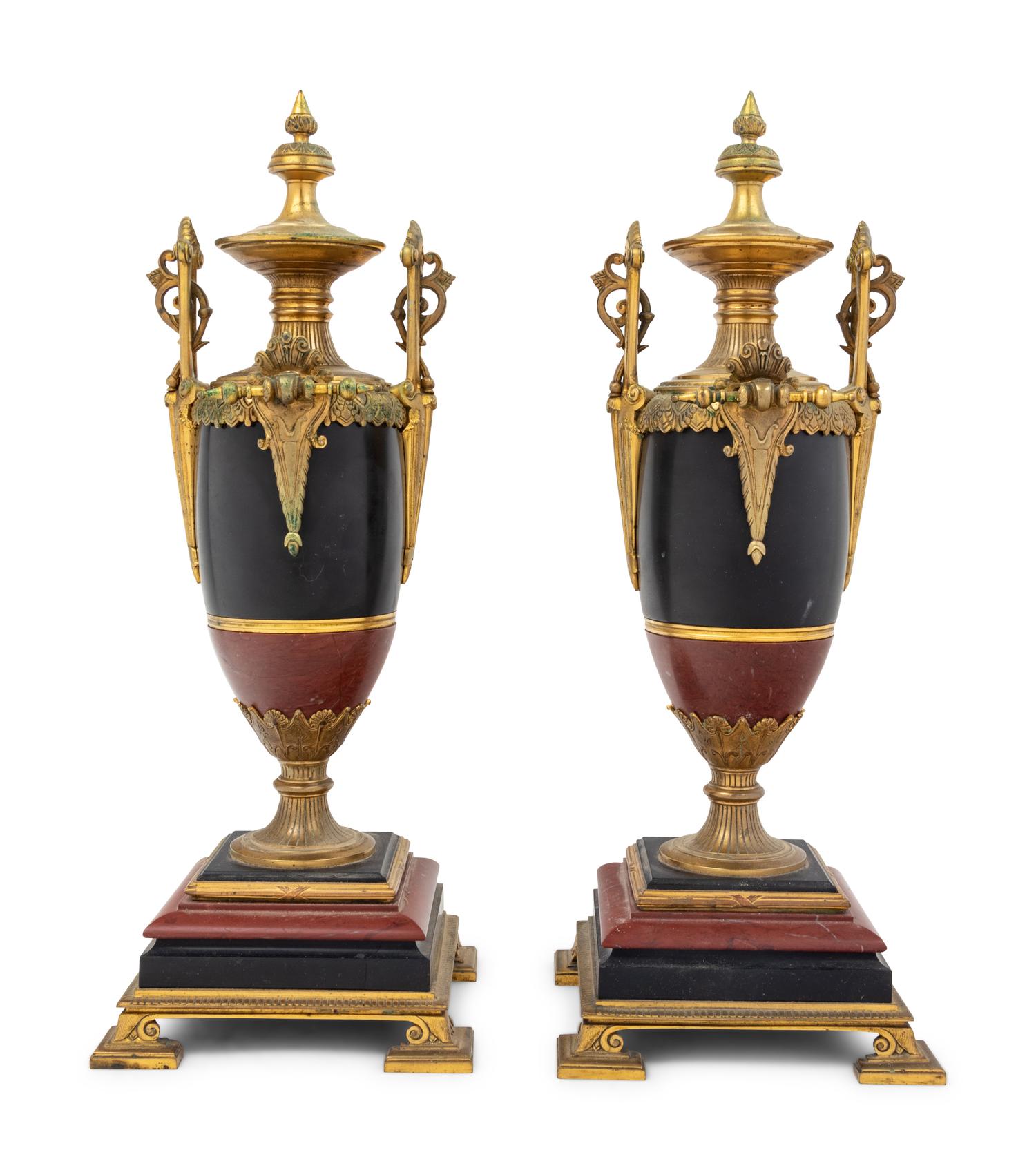 A Pair of French Gilt Bronze, Slate and Marble Urns