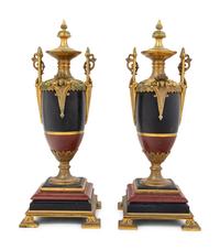A Pair of French Gilt Bronze, Slate and Marble Urns