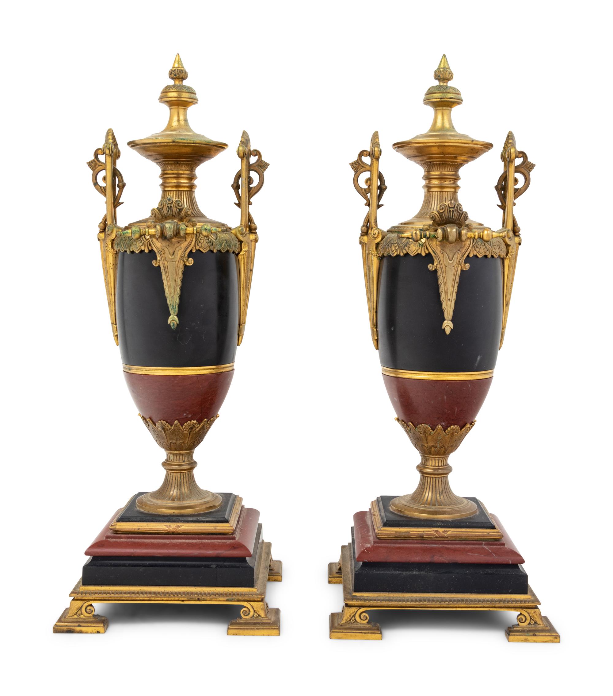 A Pair of French Gilt Bronze, Slate and Marble Urns