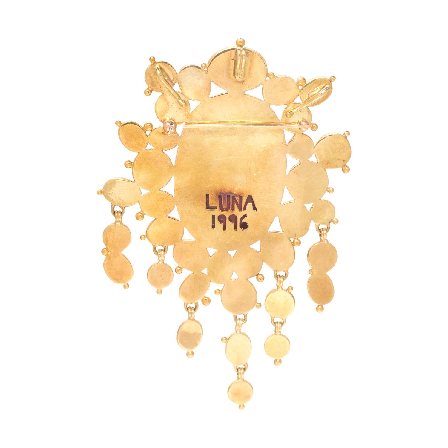 LUNA FELIX GOLDSMITH, CORAL AND SUNSTONE PENDANT/BROOCH
