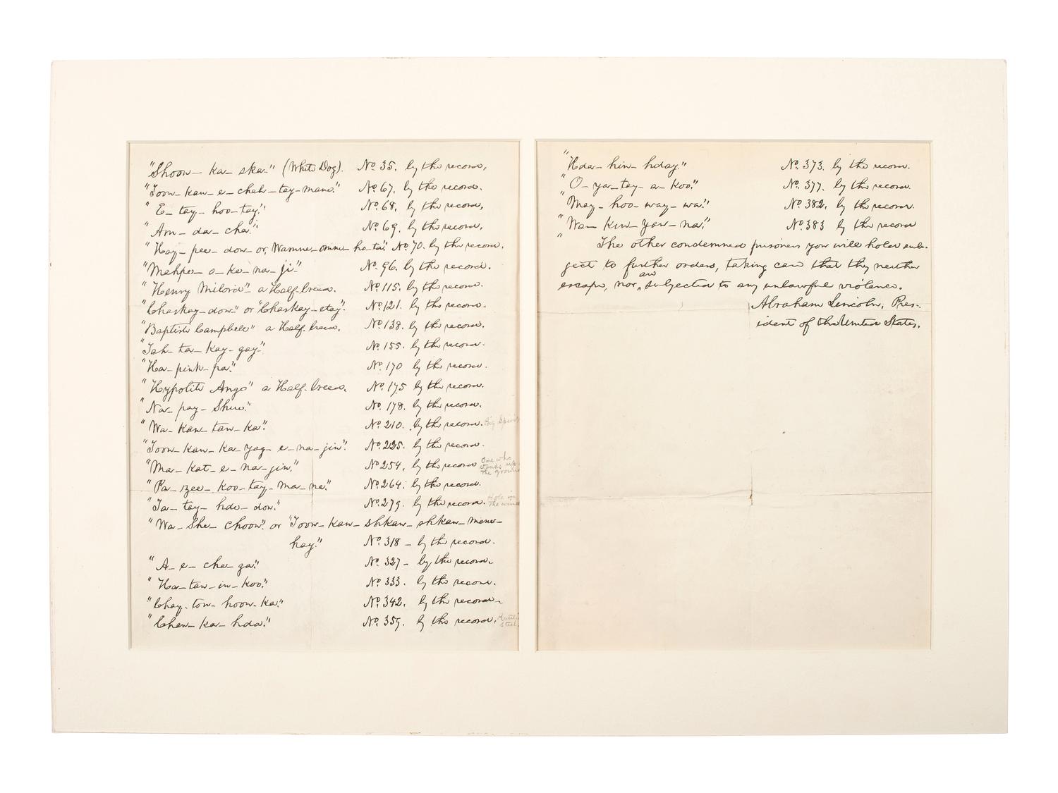 [SIOUX UPRISING AND EXECUTION]. LINCOLN, Abraham (1809-1865). Facsimile of Lincoln's autograph letter to General Henry H. Sibley with autograph letter signed from Henry Sibley.
