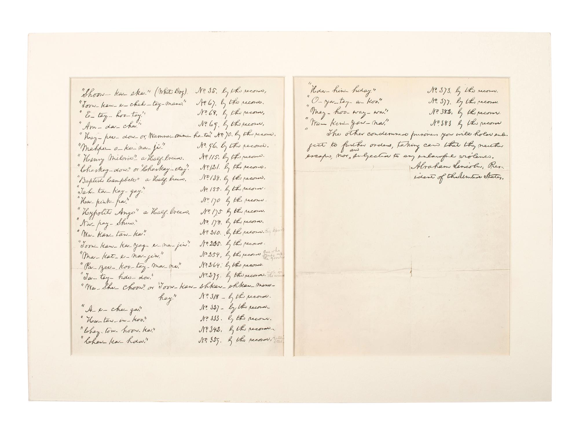 [SIOUX UPRISING AND EXECUTION]. LINCOLN, Abraham (1809-1865). Facsimile of Lincoln's autograph letter to General Henry H. Sibley with autograph letter signed from Henry Sibley.