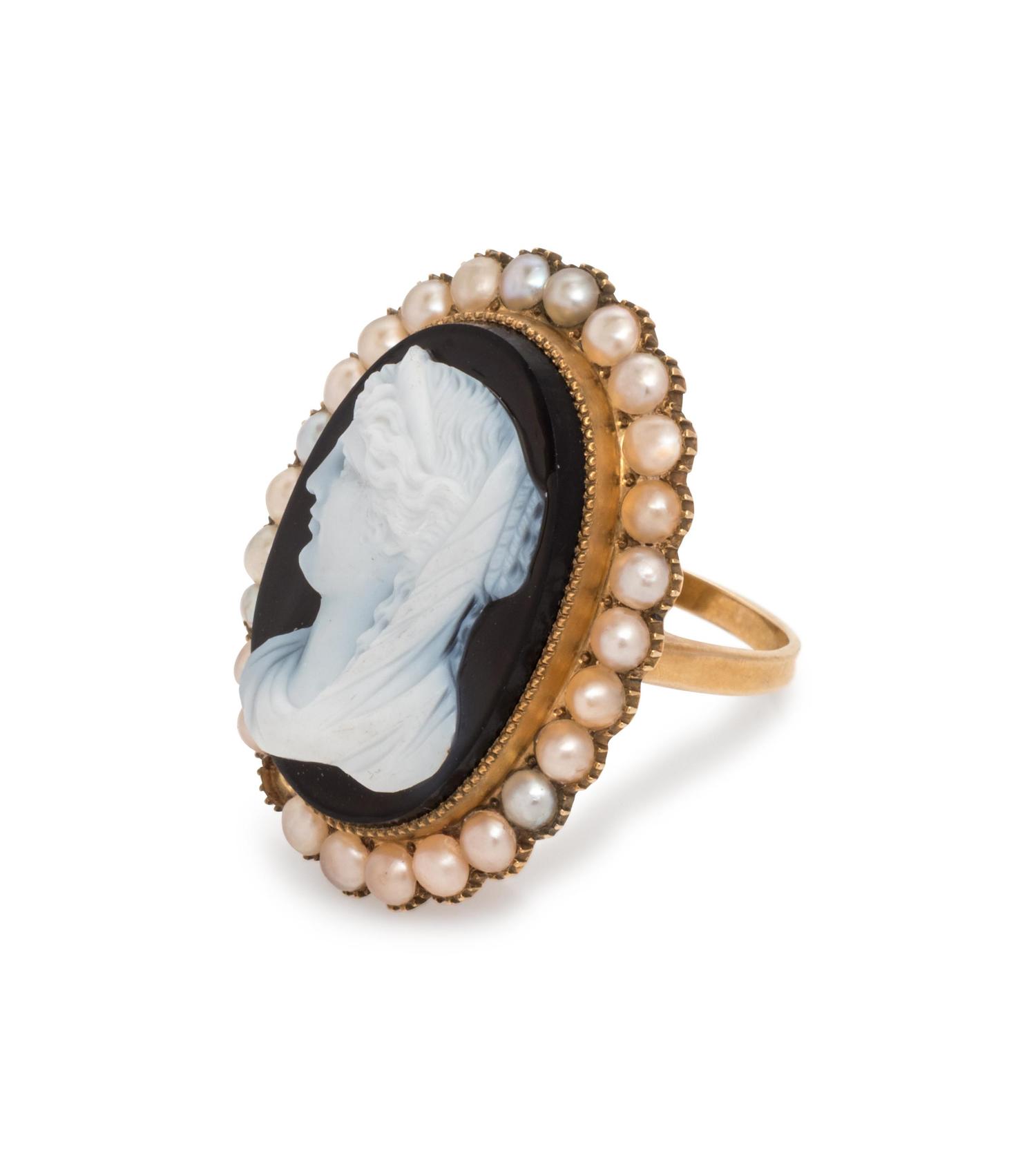 Antique, Sardonyx Cameo and Seed Pearl Ring
