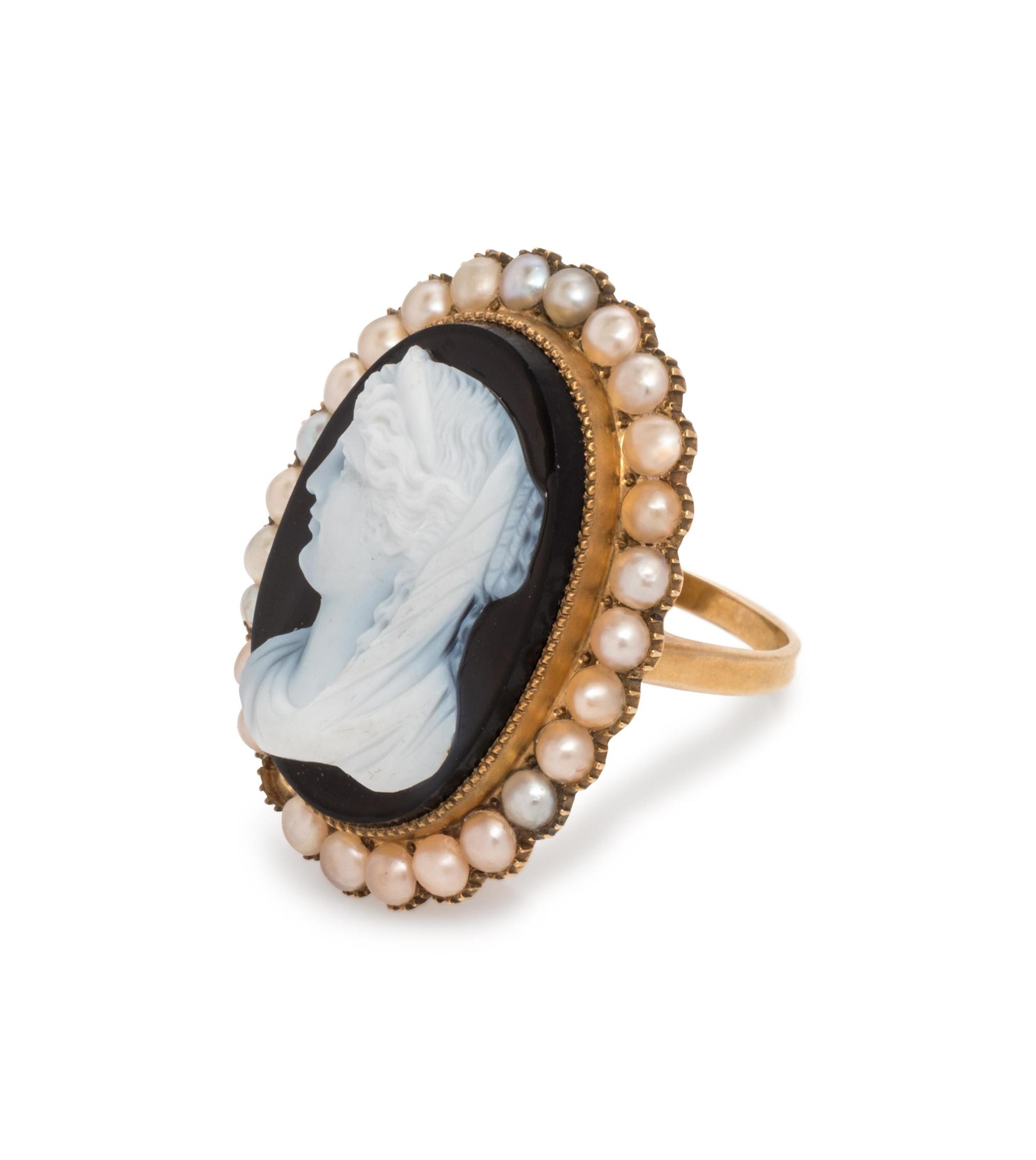 Antique, Sardonyx Cameo and Seed Pearl Ring