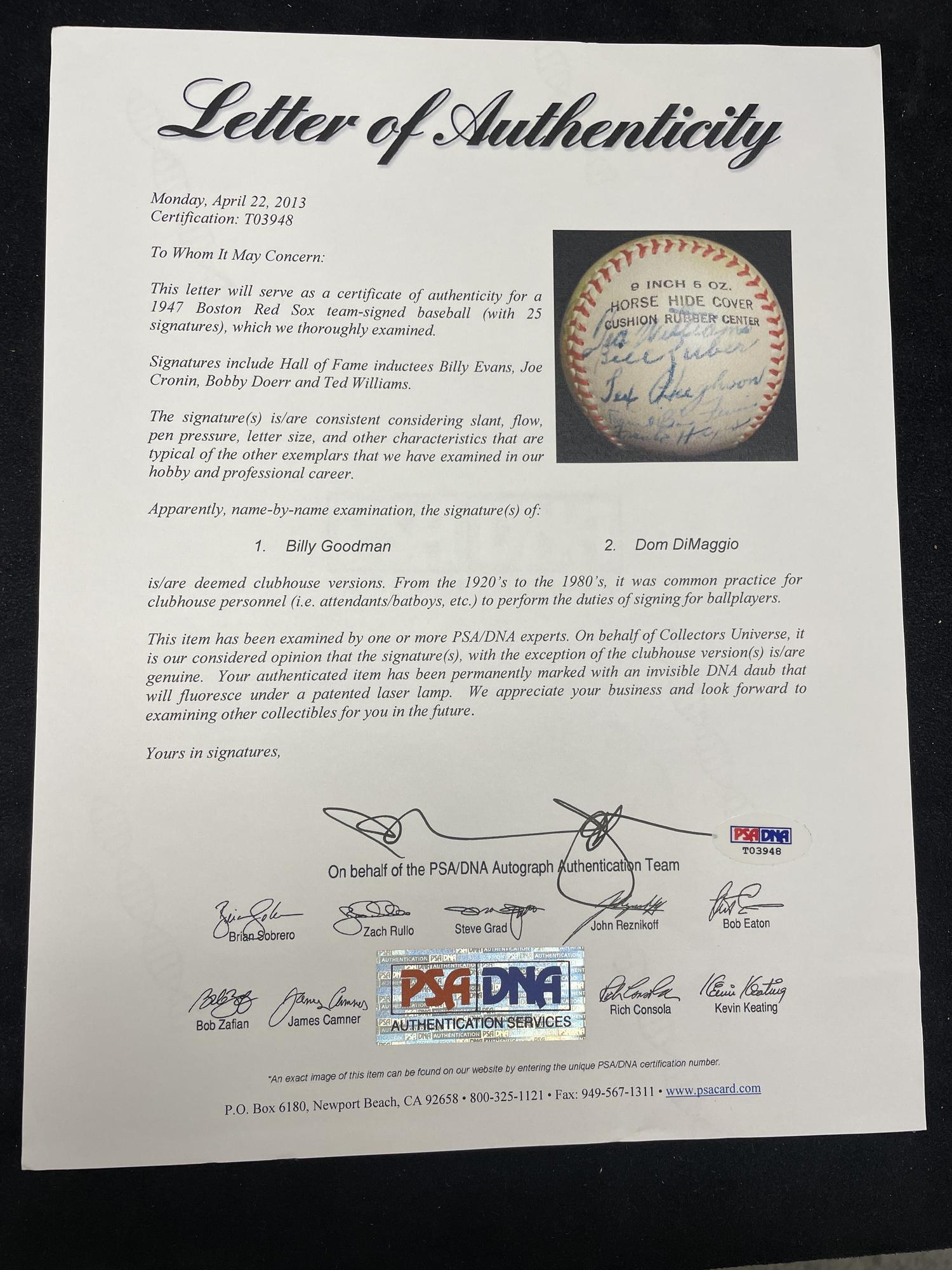 A 1947 Boston Red Sox Team Signed Autograph Baseball Featuring Ted Williams and Multiple Hall of Famers (PSA Letter of Authenticity),