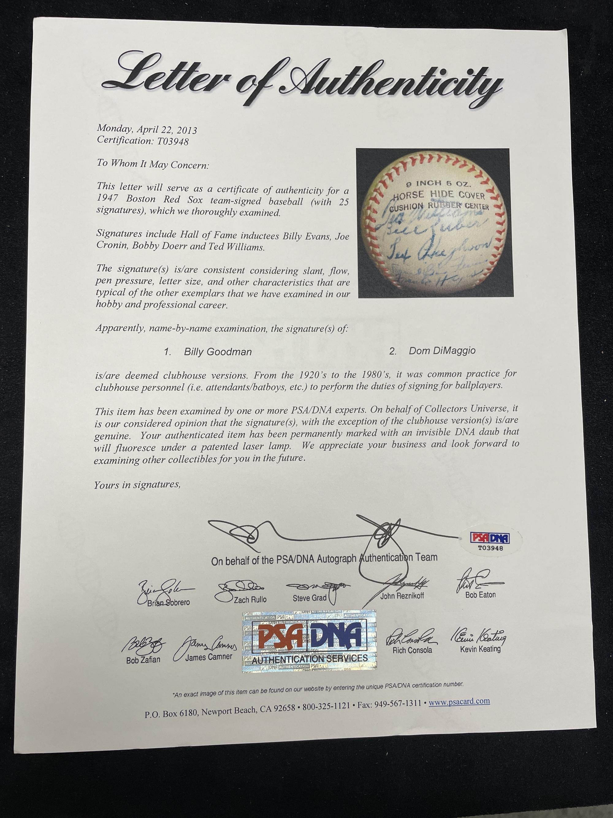 A 1947 Boston Red Sox Team Signed Autograph Baseball Featuring Ted Williams and Multiple Hall of Famers (PSA Letter of Authenticity),