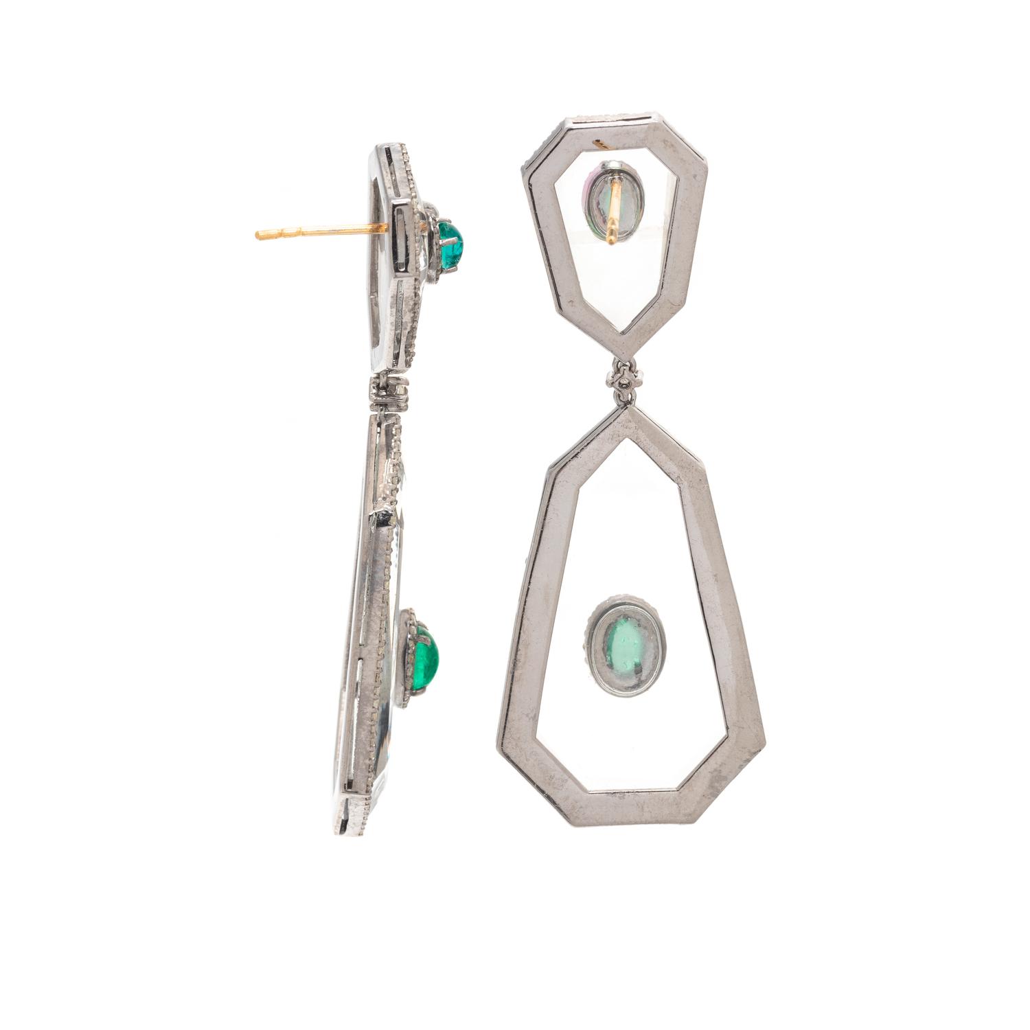 ROCK CRYSTAL, EMERALD AND DIAMOND EARRINGS
