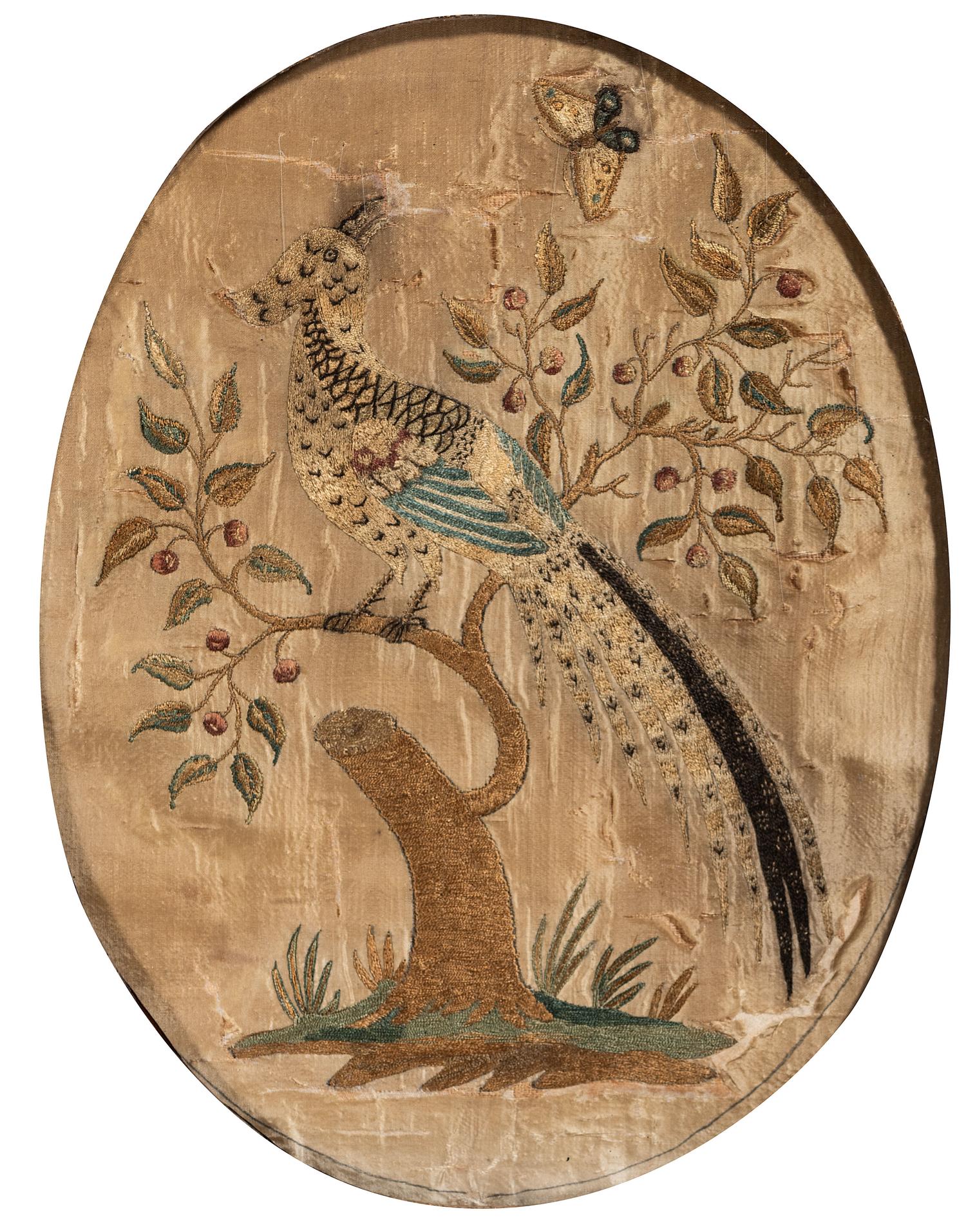 A Pair of Needlework Embroidered Pictures of Perched Birds with Butterflies