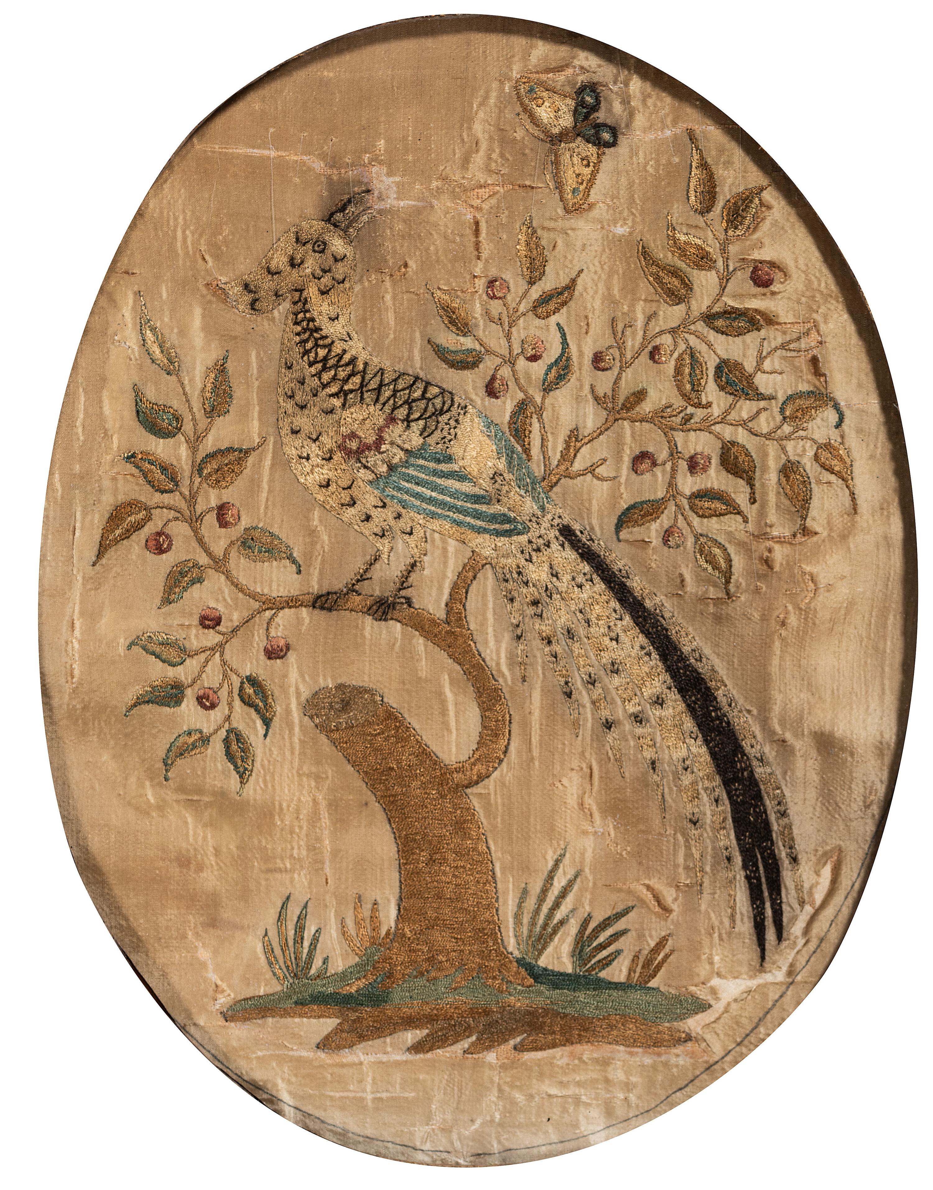 A Pair of Needlework Embroidered Pictures of Perched Birds with Butterflies