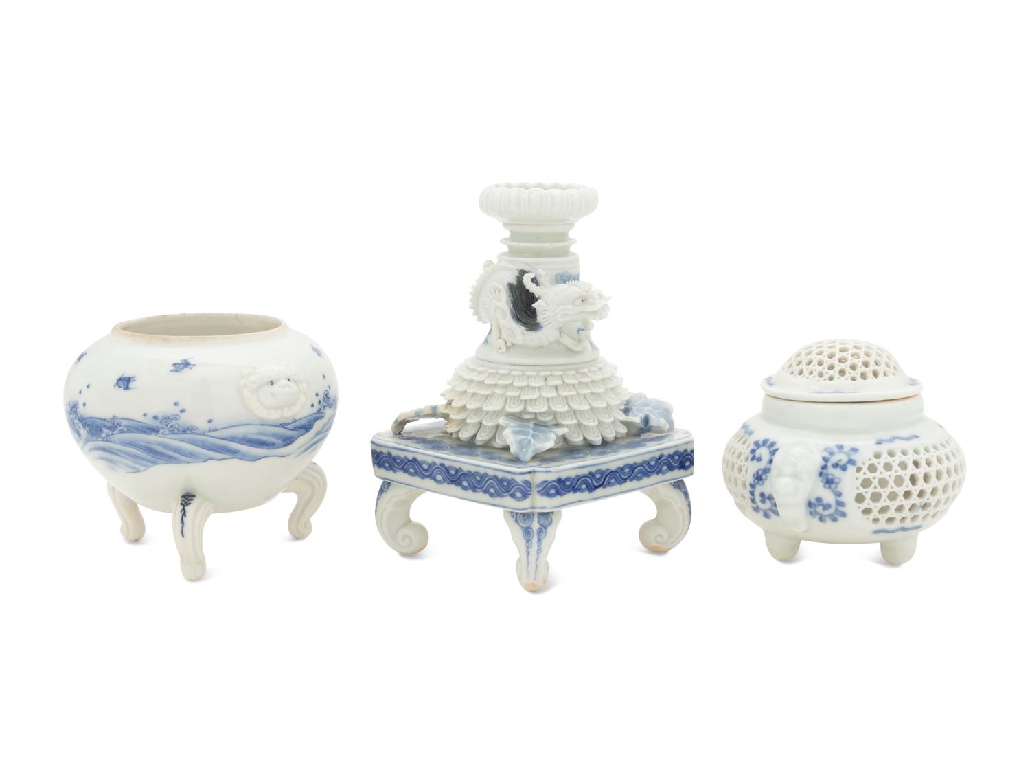 Three Japanese Blue and White Porcelain Scholar's Objects